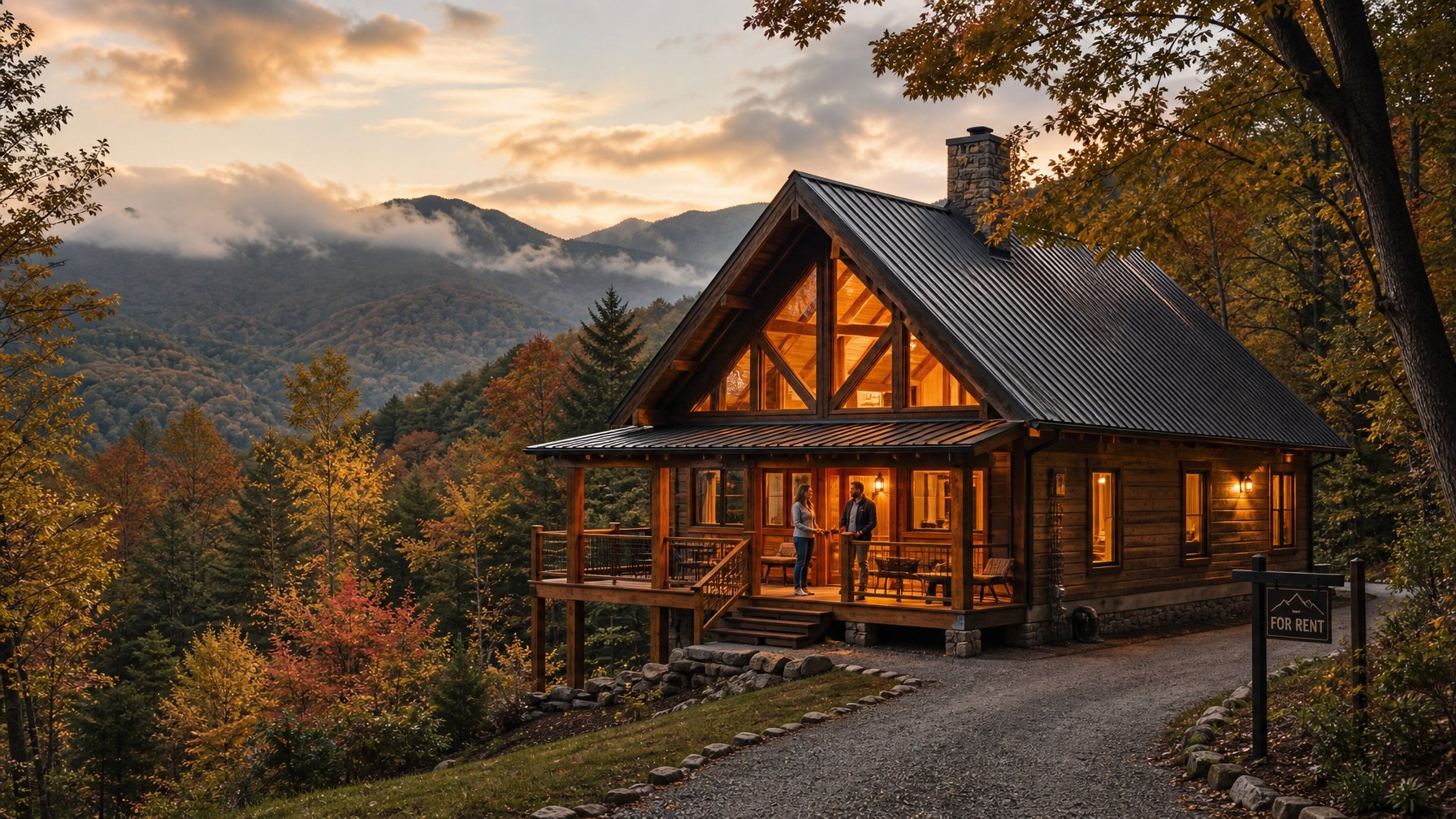 Vacation rental cabin in the Great Smoky Mountains Tennessee at golden hour — highest revenue per available property STR market in the United States in 2026