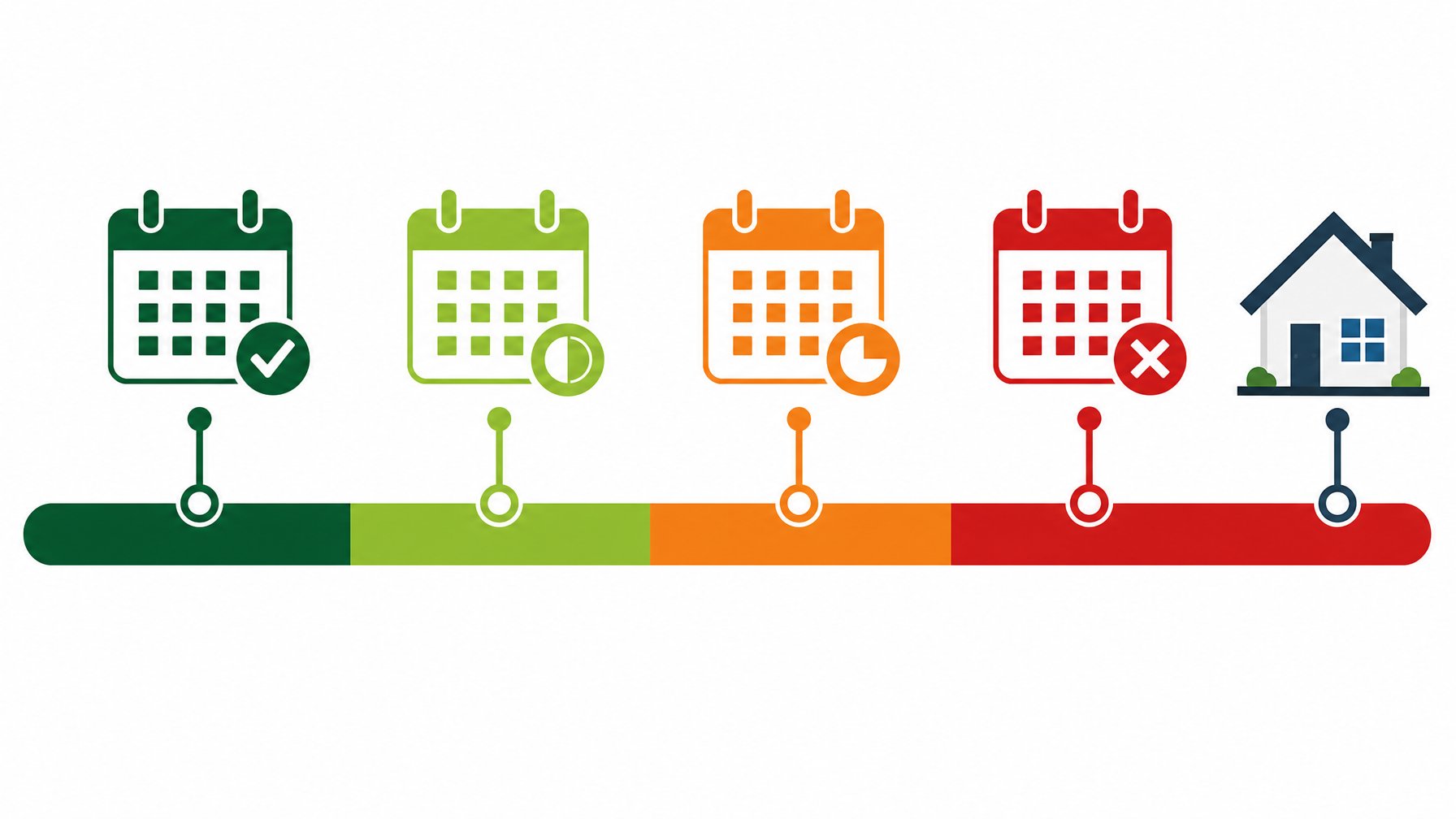 Tiered vacation rental cancellation policy timeline — four color-coded refund windows from full refund at 60+ days down to no refund inside 7 days, with a house icon marking check-in day