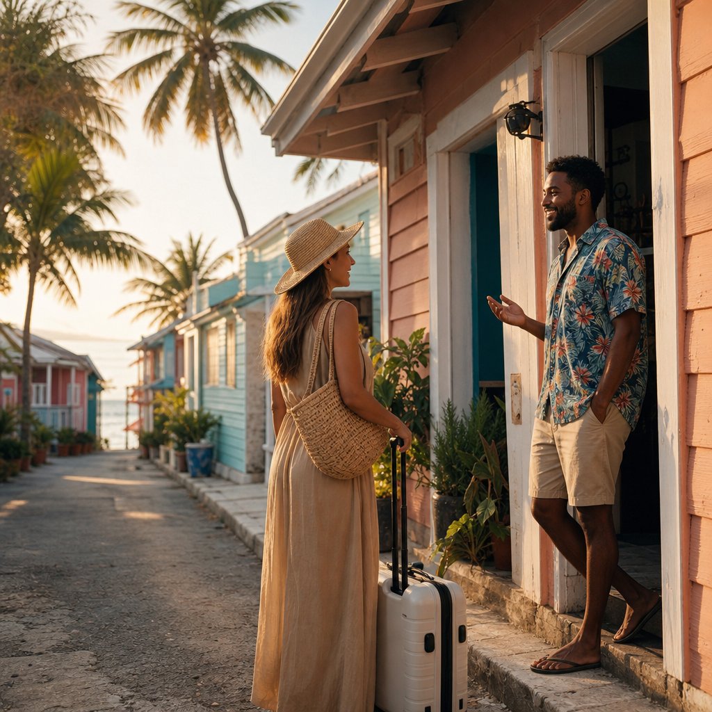 Vacation rental host welcoming a guest on a pastel-painted Caribbean beach town street, representing direct booking with no OTA middleman