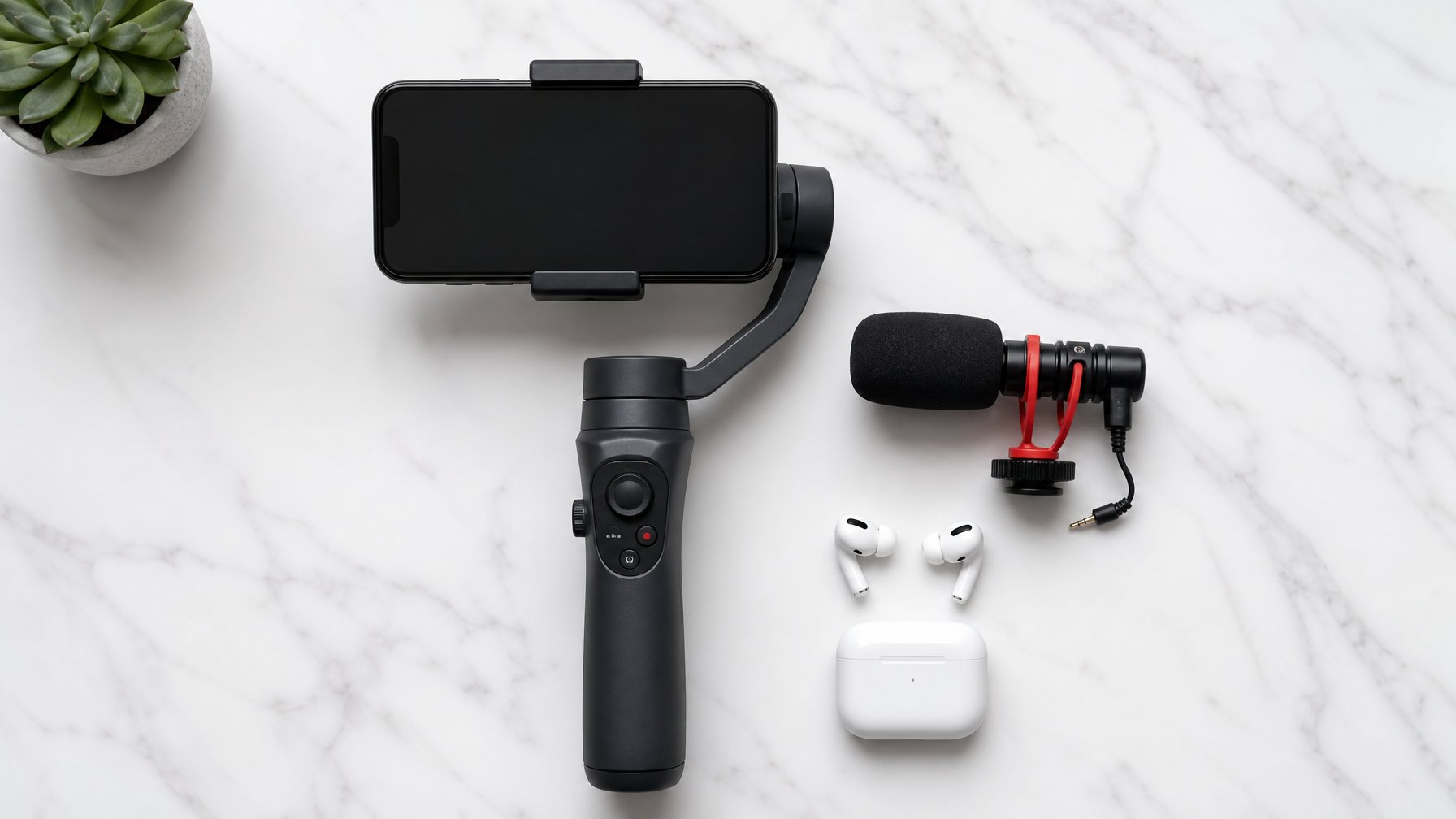 Flat lay of vacation rental video equipment: smartphone on a gimbal stabilizer, compact shotgun microphone, and wireless earbuds on a white marble surface — book direct on Houfy