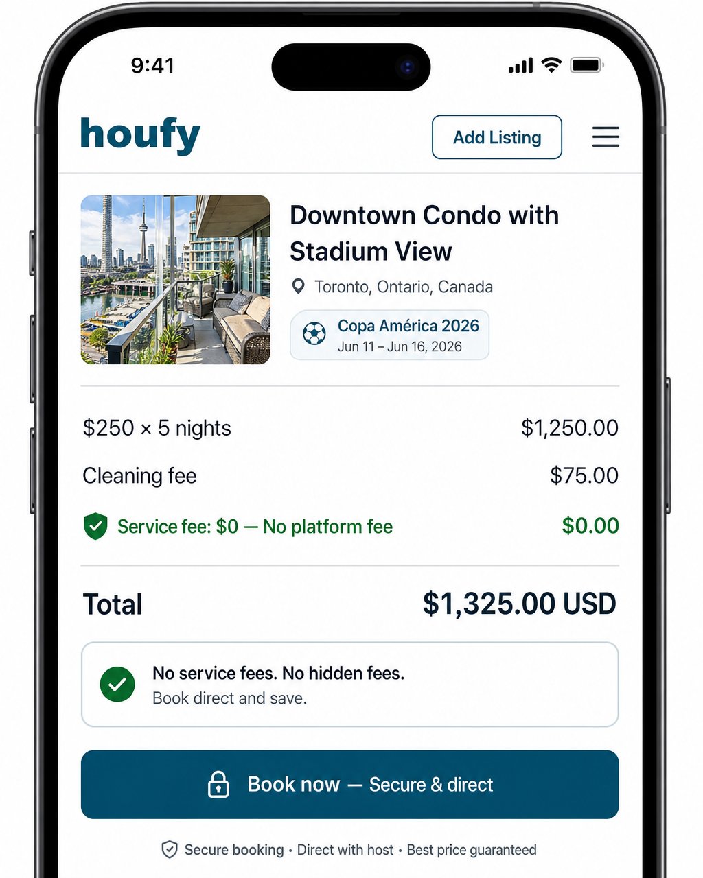 Smartphone screen showing a Houfy vacation rental booking summary with Copa America dates, nightly rate, and a clear "Service fee: $0 — No platform fee" badge in Houfy teal branding