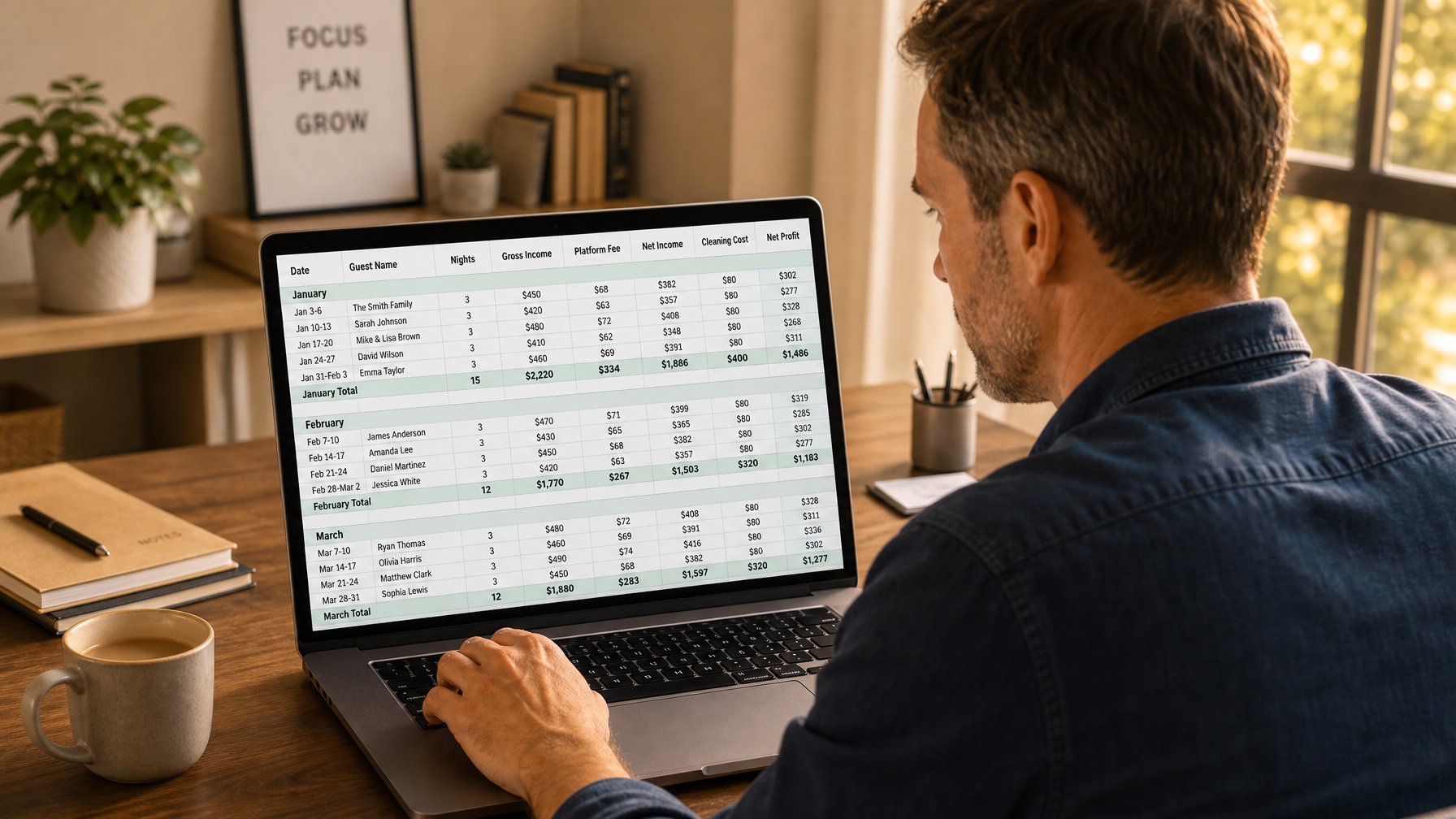 A vacation rental host tracking bookings, gross income, platform fees, cleaning costs, and net profit in an organized monthly spreadsheet for year-end tax preparation