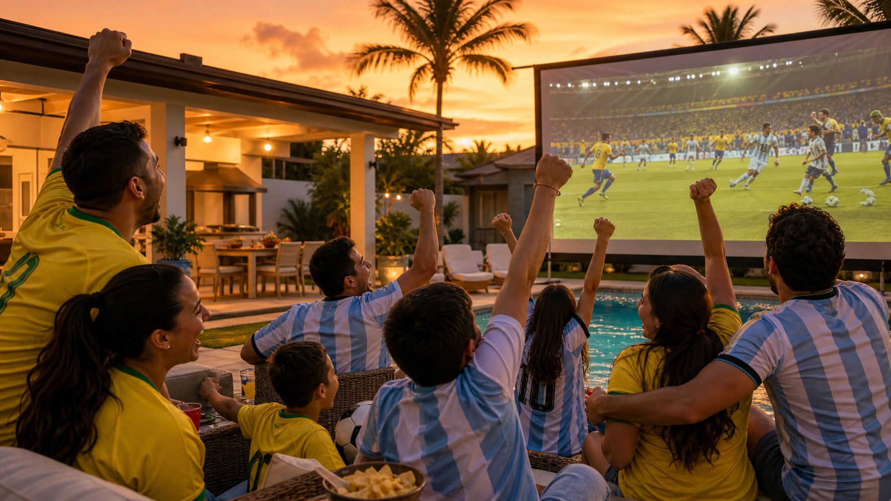 Group of Latin American football fans in Copa jerseys celebrating at a Miami vacation rental with a pool and palm trees during golden-hour sunset
