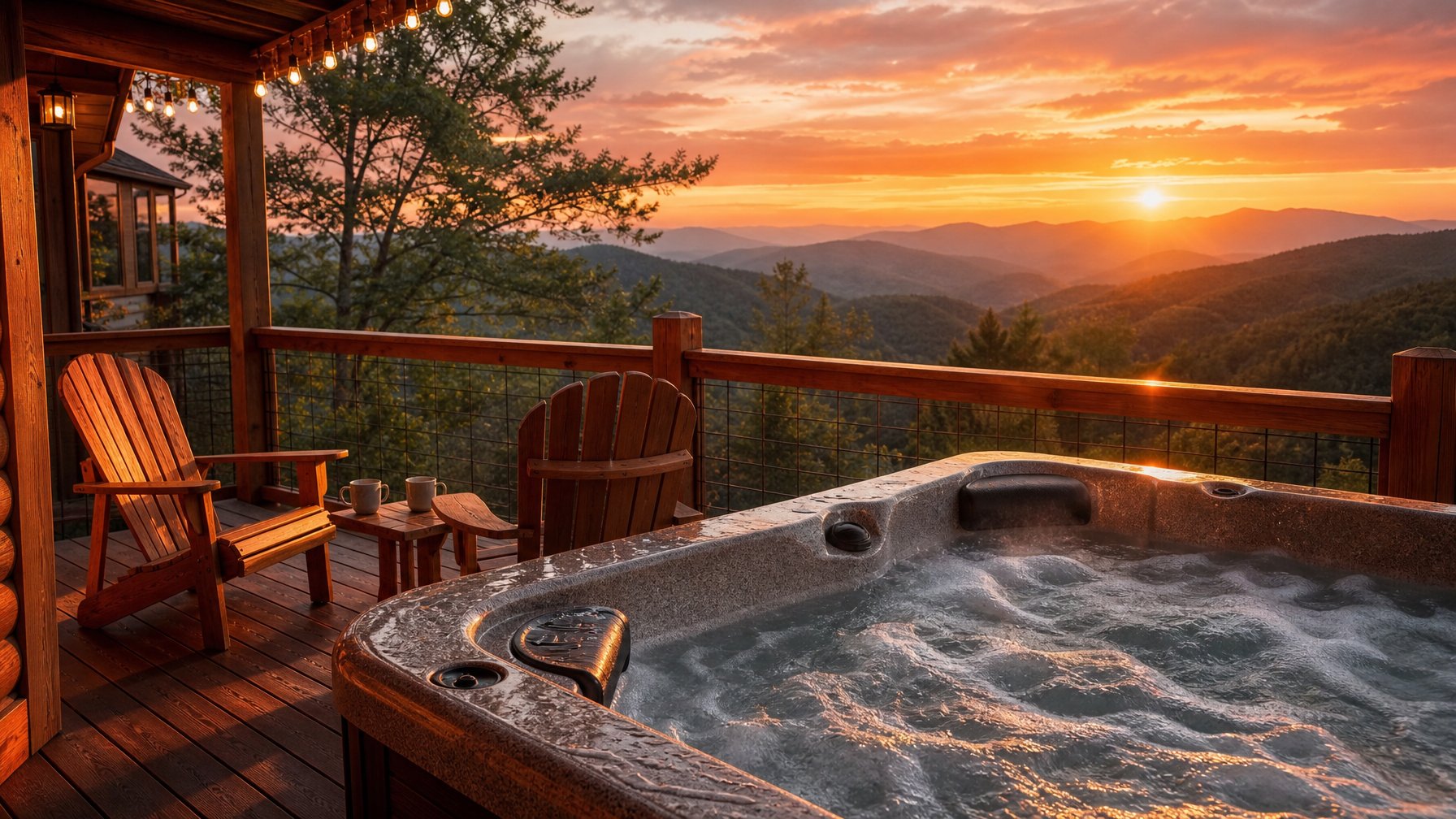 Gatlinburg Tennessee cabin rental deck with outdoor hot tub, mountain ridgeline view at golden sunset, Smoky Mountains vacation rental