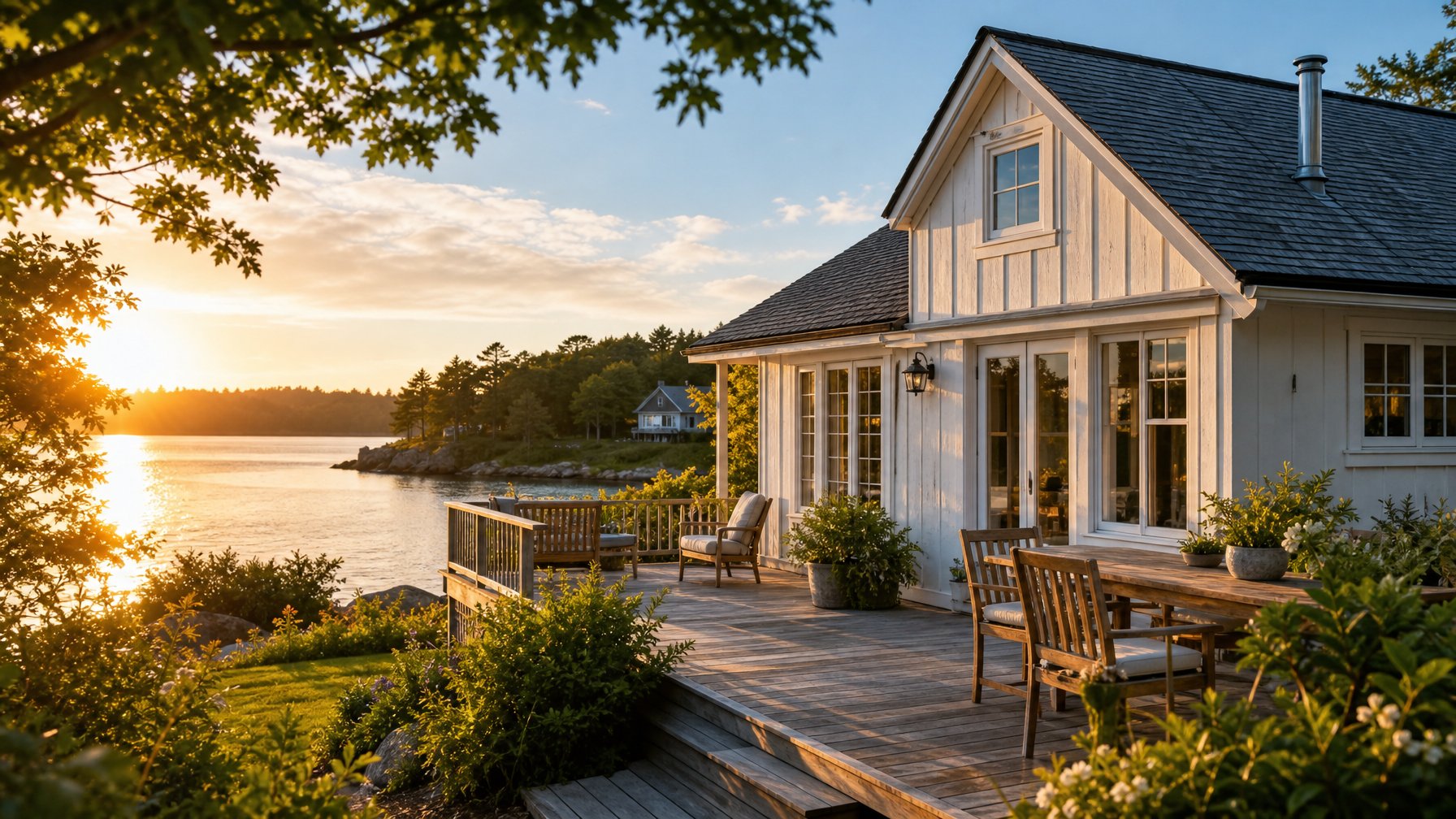 White waterfront vacation rental cottage with a sun-drenched wooden deck and outdoor dining set at golden hour — the type of compelling property photography that earns clicks in Google Discover