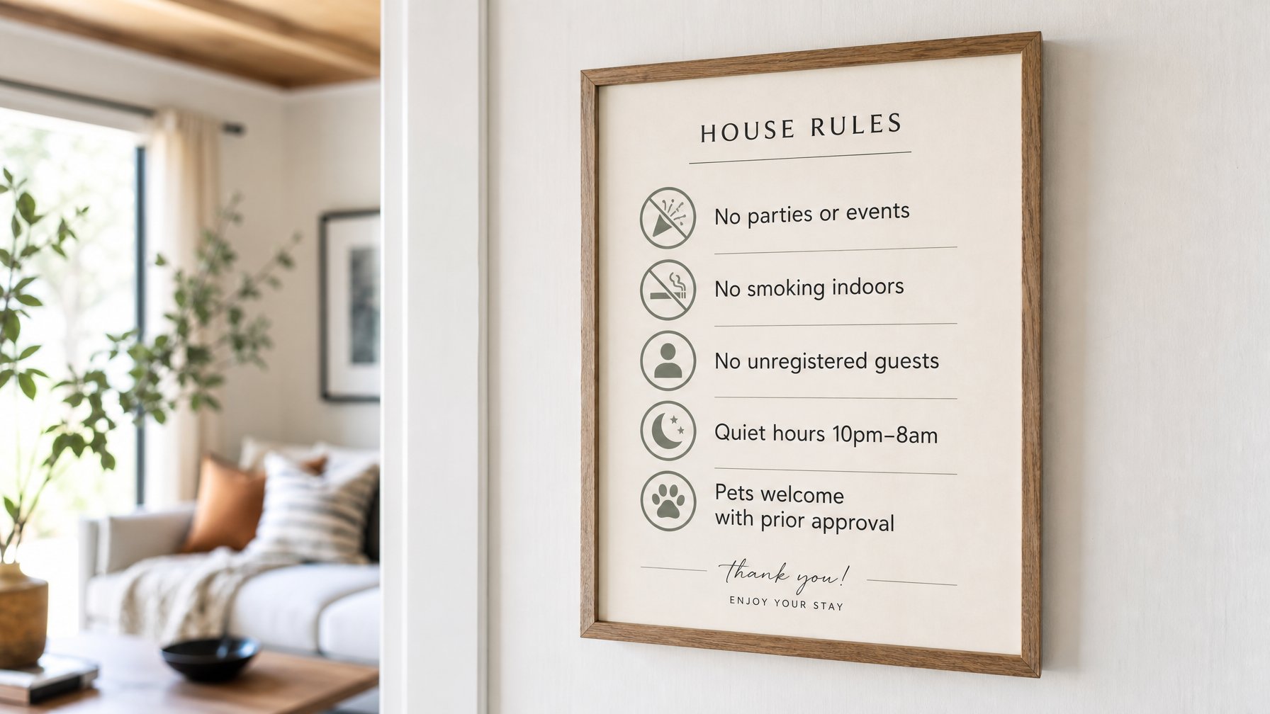 Framed vacation rental house rules card mounted on a white interior wall, showing rules including no parties, no smoking, and quiet hours as a guest self-selection filter for direct booking hosts