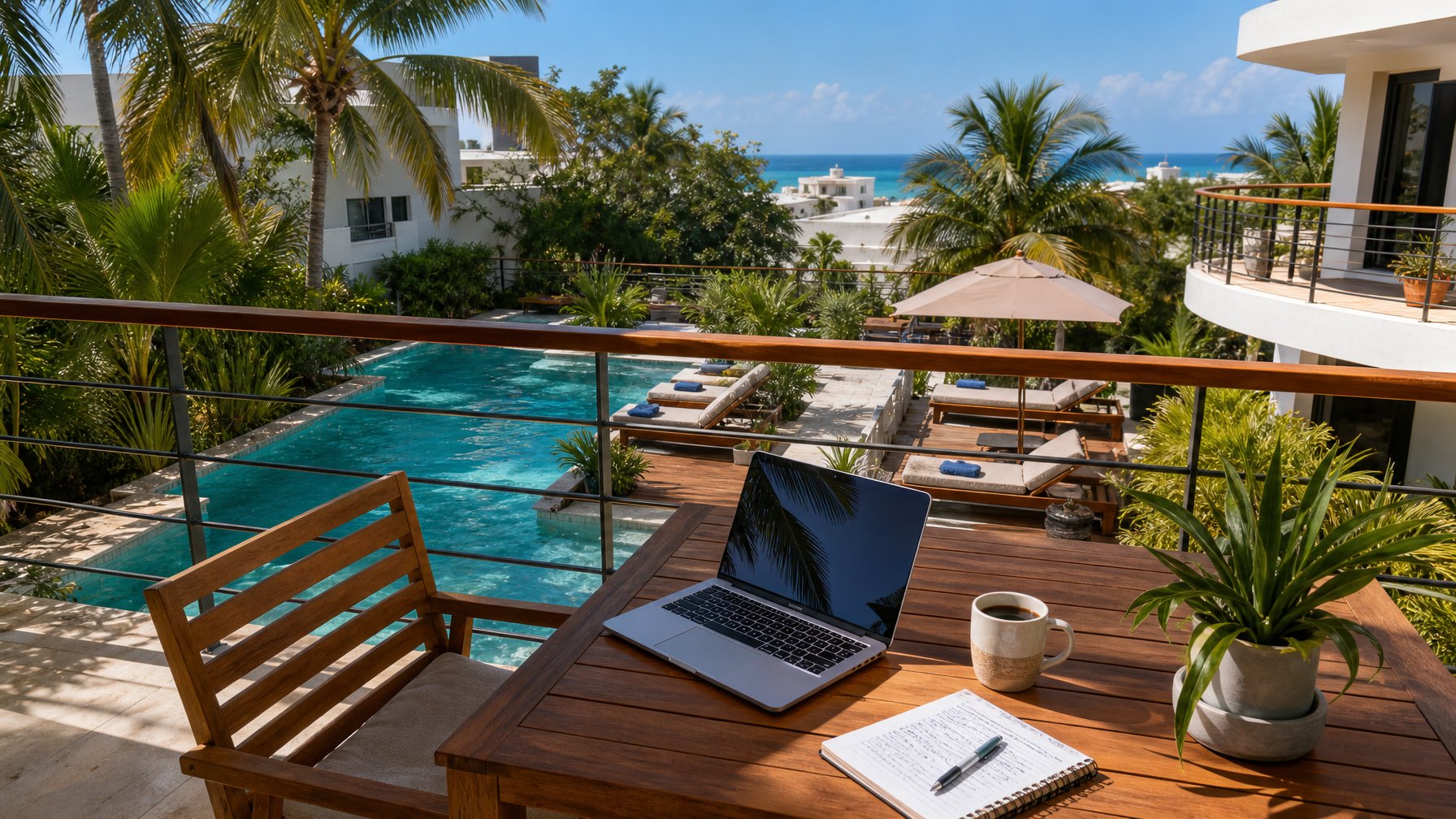 Vacation rental with a pool terrace and outdoor workspace in Playa del Carmen Mexico, popular with digital nomads for long-stay bookings