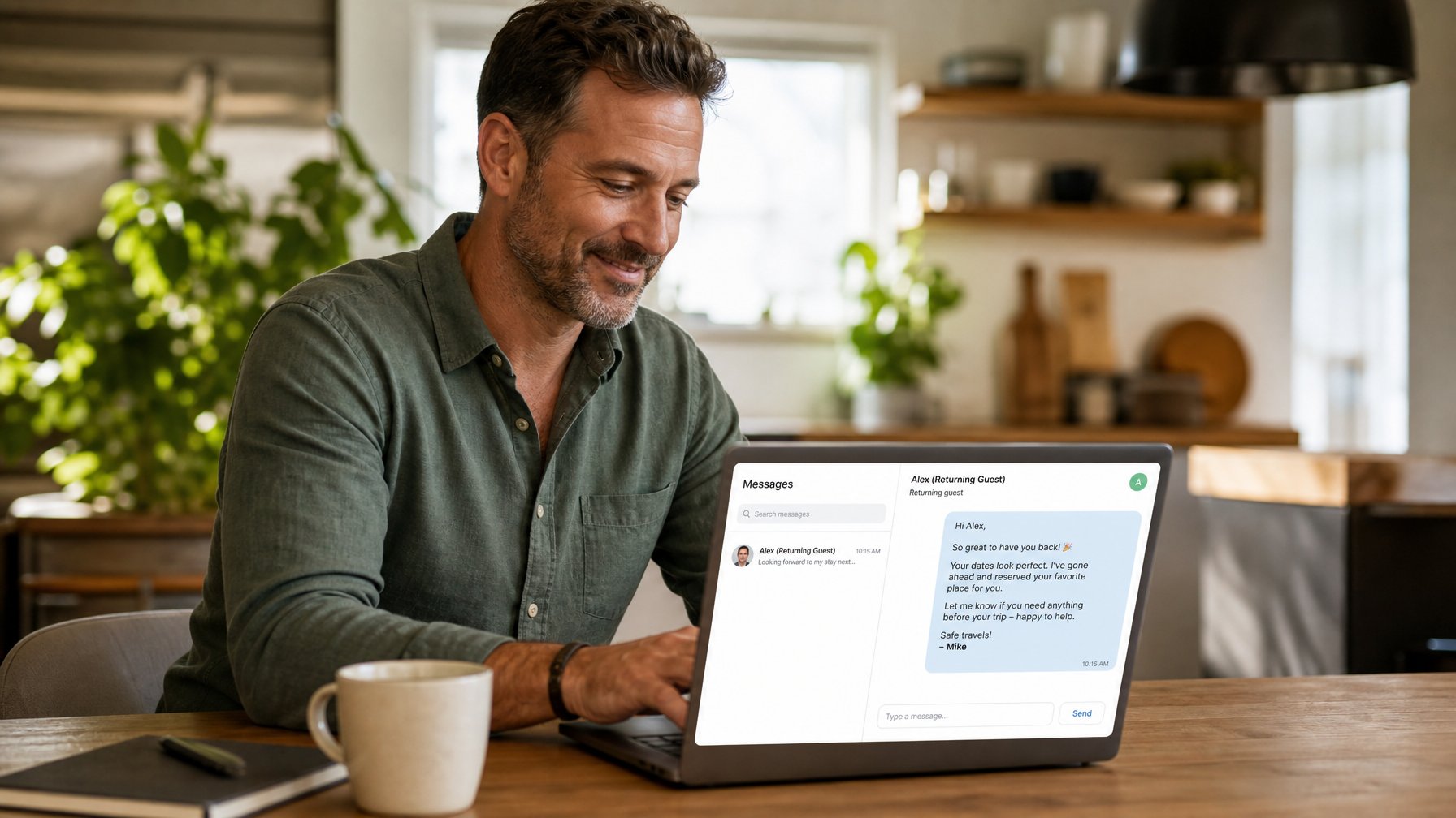 A vacation rental host sending a personal follow-up message to a solo traveler repeat guest via direct booking on Houfy, representing solo guest loyalty