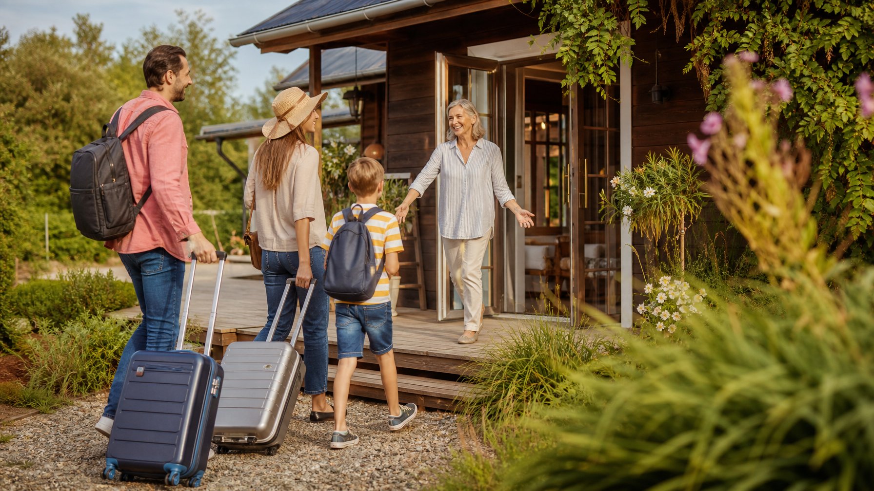 A smiling host welcomes a happy family to a charming wooden cottage vacation rental surrounded by a lush garden in warm afternoon light, illustrating direct host-guest connections on Houfy.