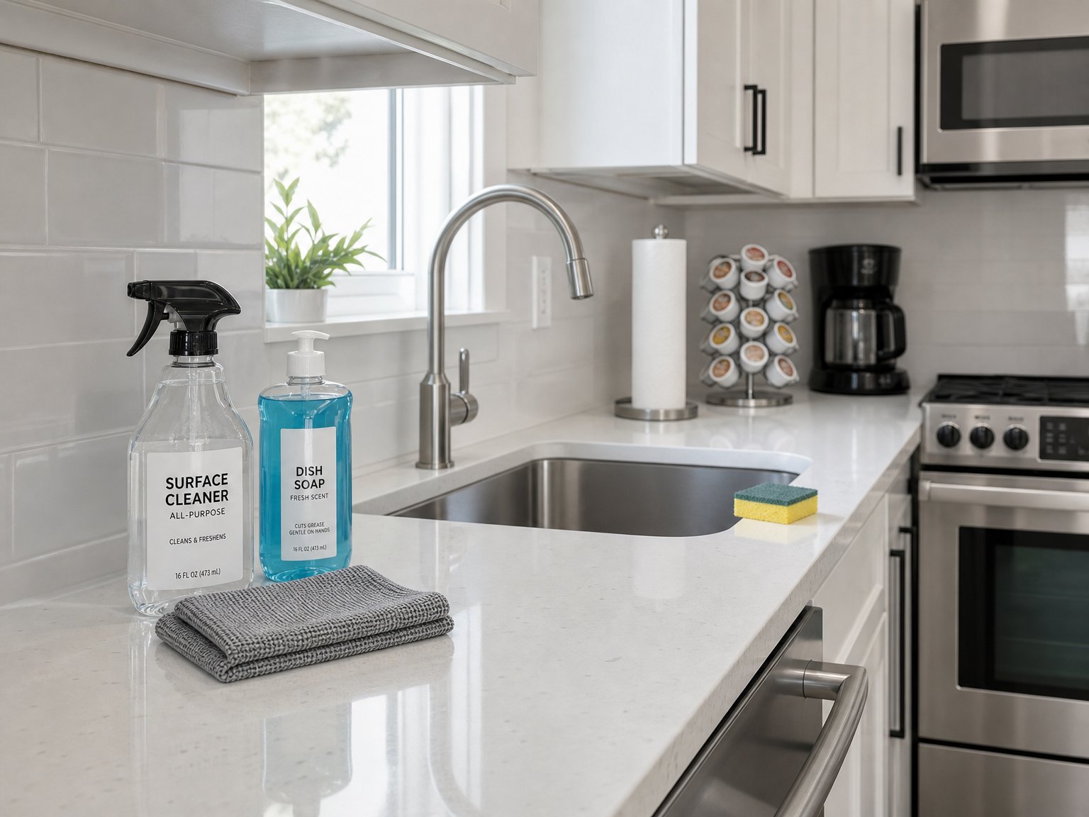 Spotlessly clean vacation rental kitchen countertop with restocked coffee pods, fresh sponge, dish soap, and streak-free stainless steel appliances — book a fee-free vacation rental on Houfy