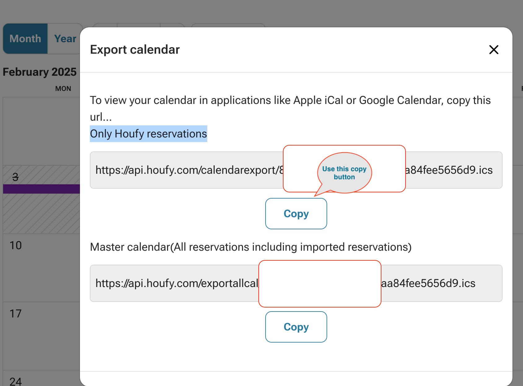 How to export Houfy calendar to other websites?
