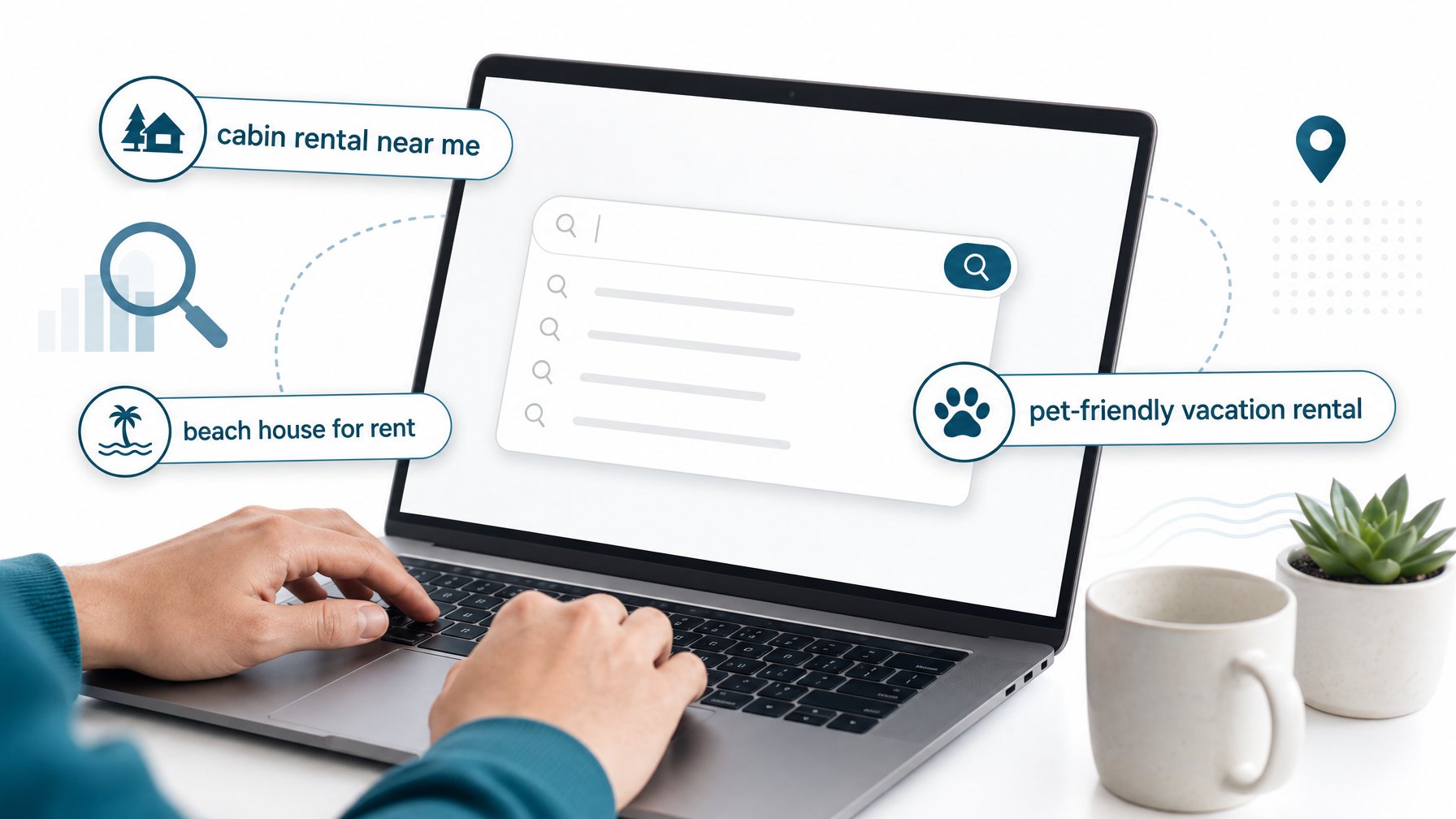 Person doing vacation rental keyword research on a laptop, with Google autocomplete suggestions and keyword bubbles for cabin rental, beach house for rent, and pet-friendly vacation rental
