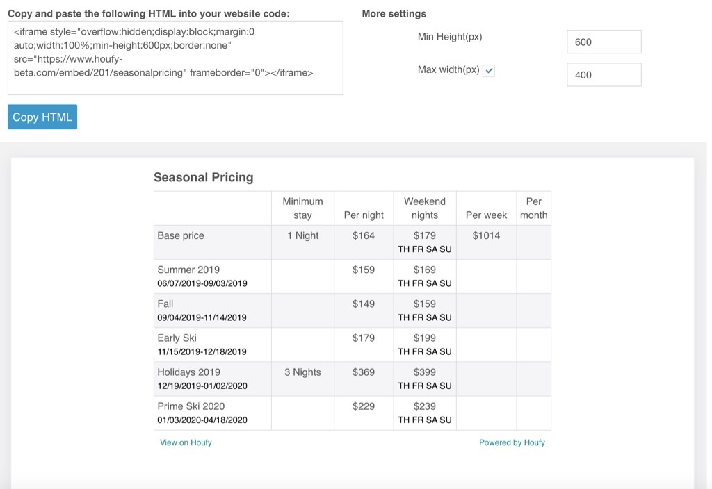 Houfy and widgets/embed codes: for Pictures/Calendar/Reviews/Pricing and Guides