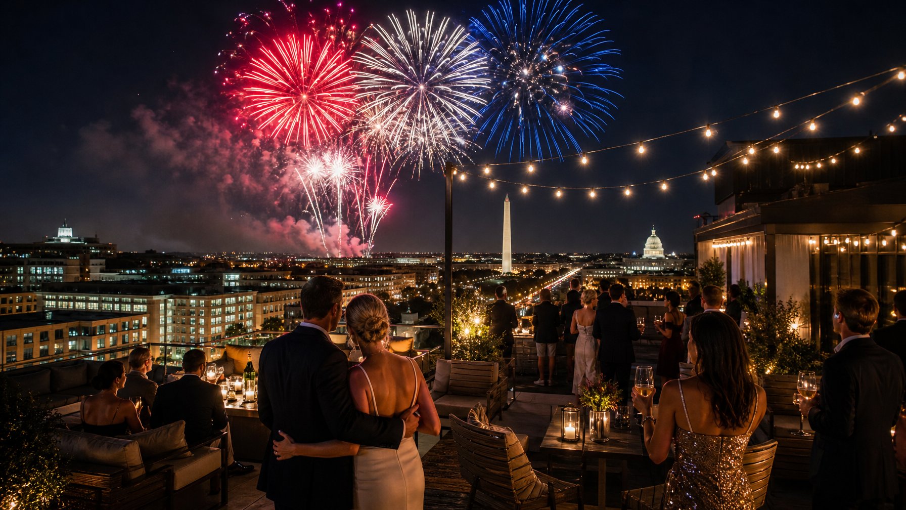 Washington DC vacation rental rooftop terrace with guests watching 4th of July fireworks over the National Mall and Washington Monument at night
