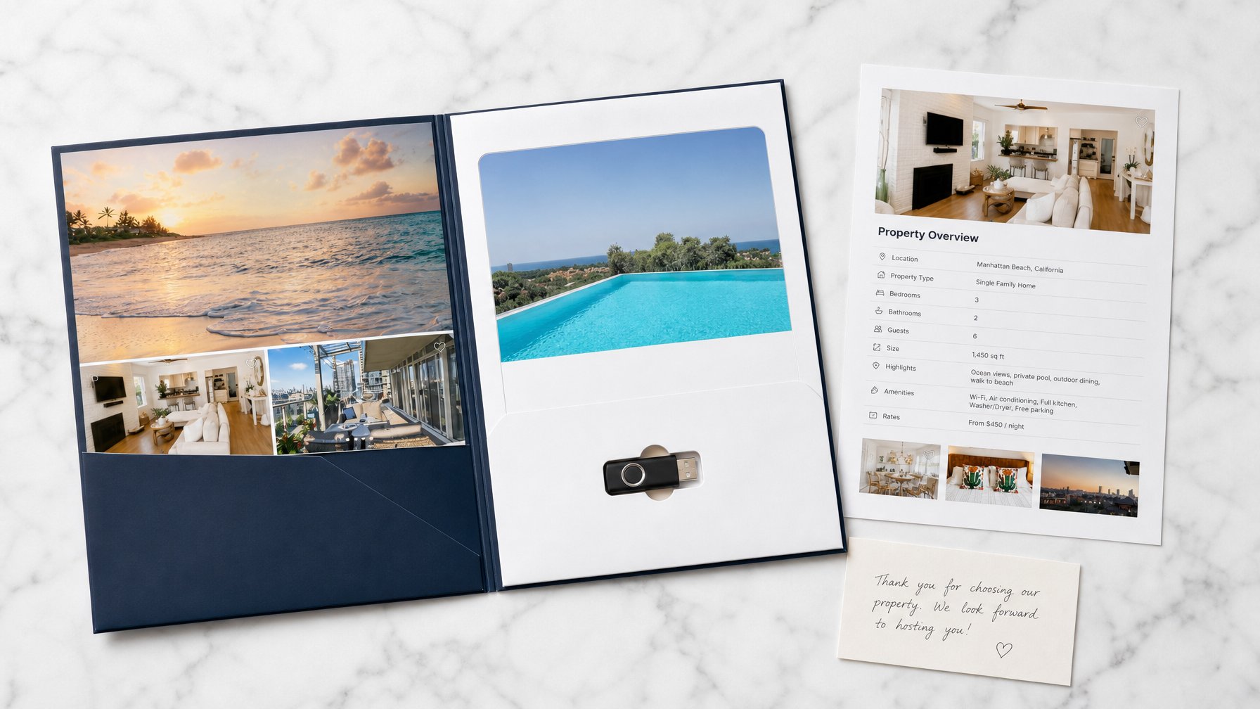 Vacation rental property media kit open on a white marble surface with professional photos, a property spec sheet, USB drive, and handwritten note — essential for pitching travel press