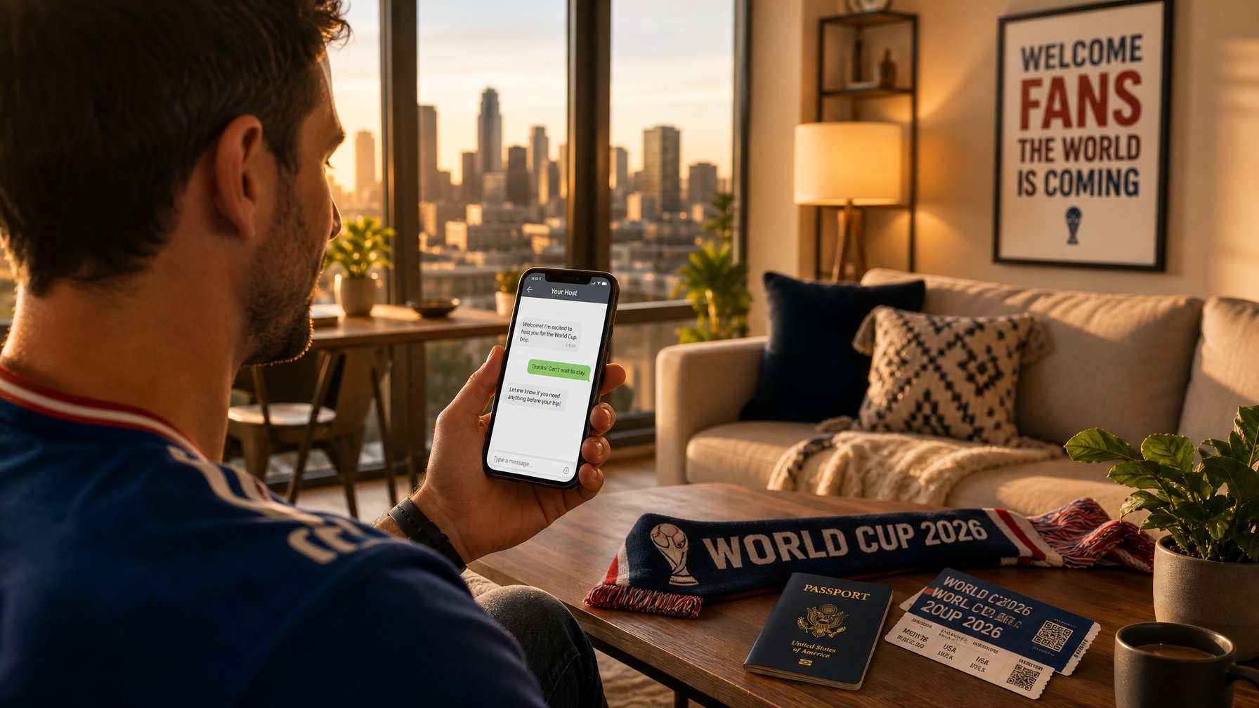 World Cup 2026 fan messaging a vacation rental host directly on Houfy, with team scarf and match tickets on the coffee table