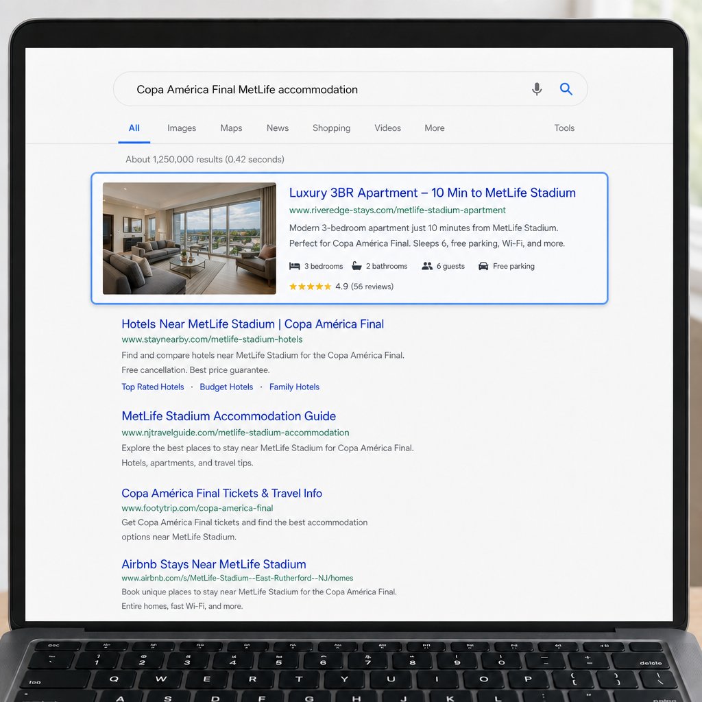 Direct booking vacation rental listing appearing in Google search results for Copa America Final MetLife accommodation