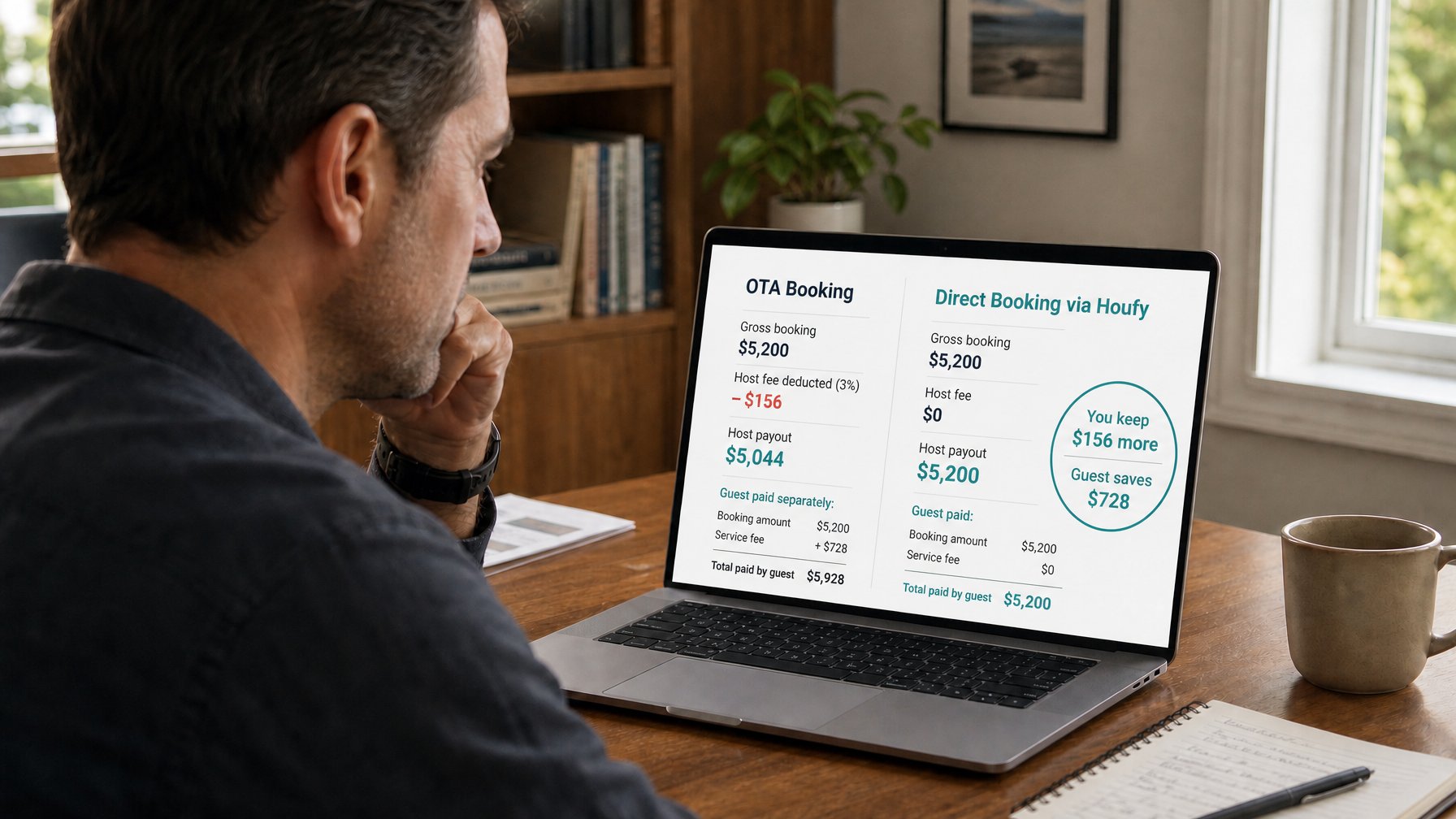 A vacation rental host comparing revenue from OTA bookings versus direct booking website bookings, showing higher net income from direct reservations with zero host fees