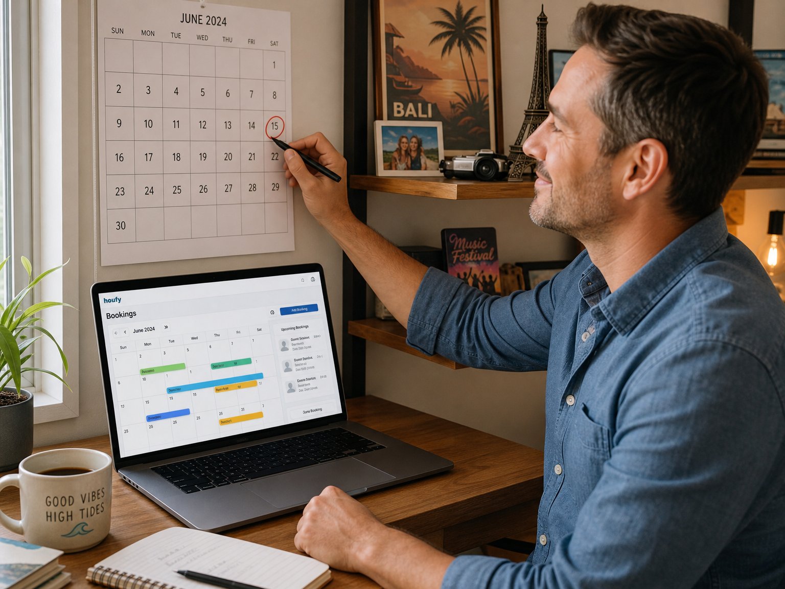 Vacation rental host marking a future booking date on a wall calendar and laptop after a successful event stay