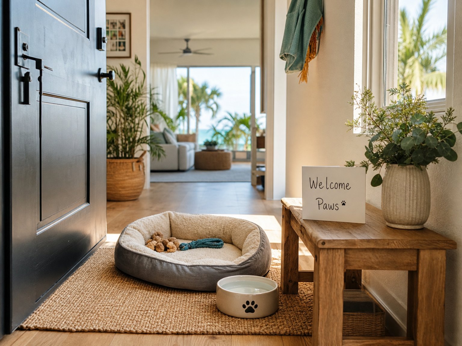 Pet-friendly vacation rental entryway with a dog bed, Welcome Paws card, and freshly filled water bowl set up near the front door