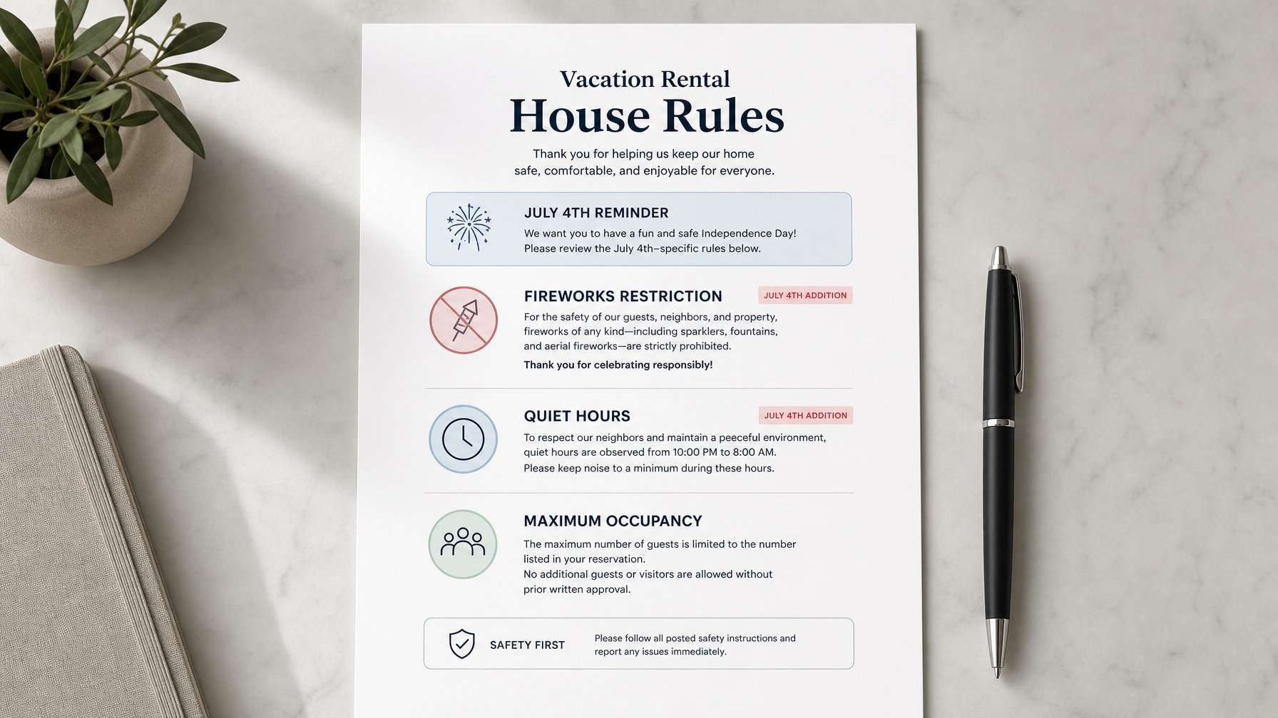Vacation rental house rules document with July 4th specific additions highlighted — fireworks restriction clause, 10pm quiet hours policy, and maximum occupancy terms clearly visible