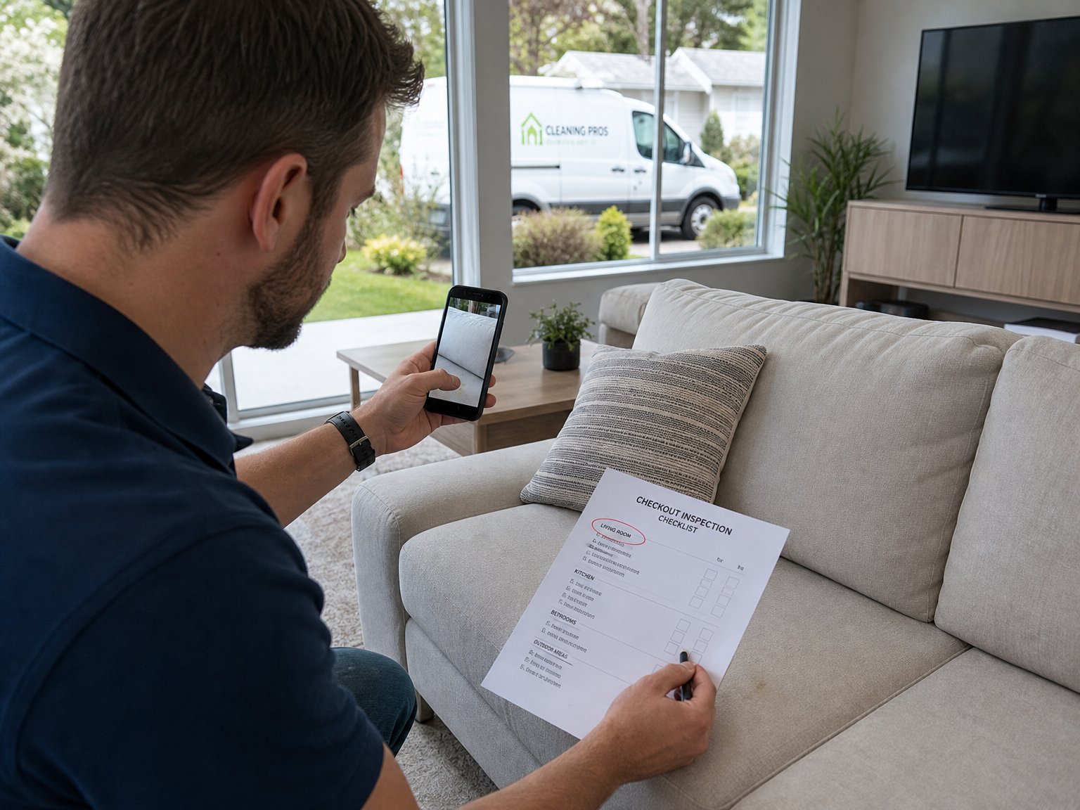 Host reviewing a post-event checkout inspection checklist and photographing a mark on a couch cushion before cleaning begins
