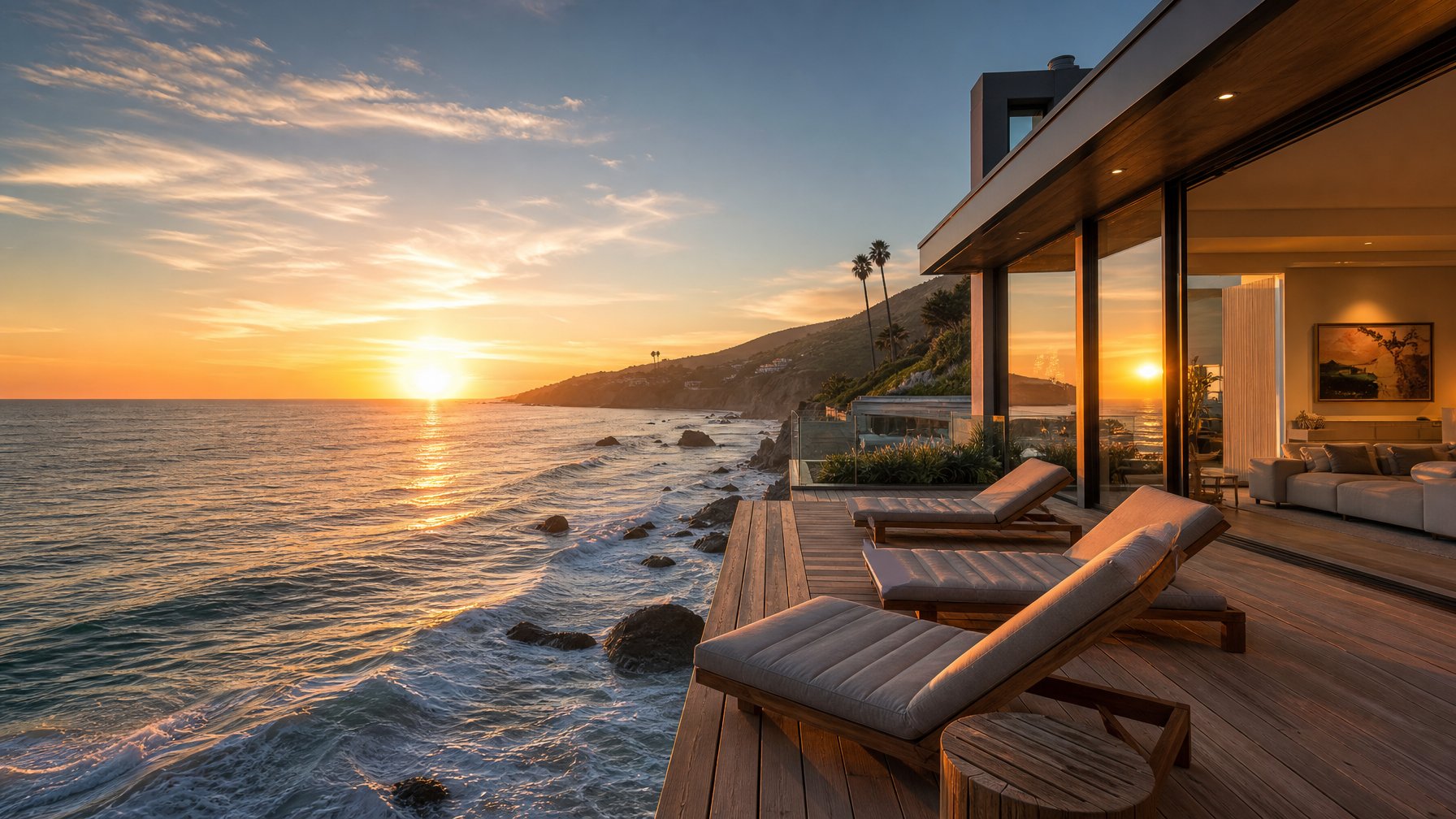 A luxury Malibu California beachfront vacation rental with panoramic Pacific Ocean views and a direct-access deck, representing premium West Coast beach rentals in 2026