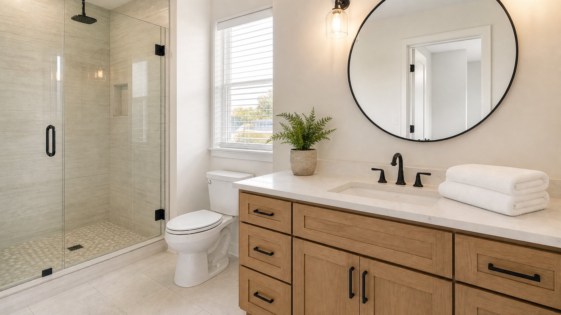 Perfectly staged vacation rental bathroom with fresh white towels folded on counter, no products visible, clean mirror, natural side window light, and closed toilet lid