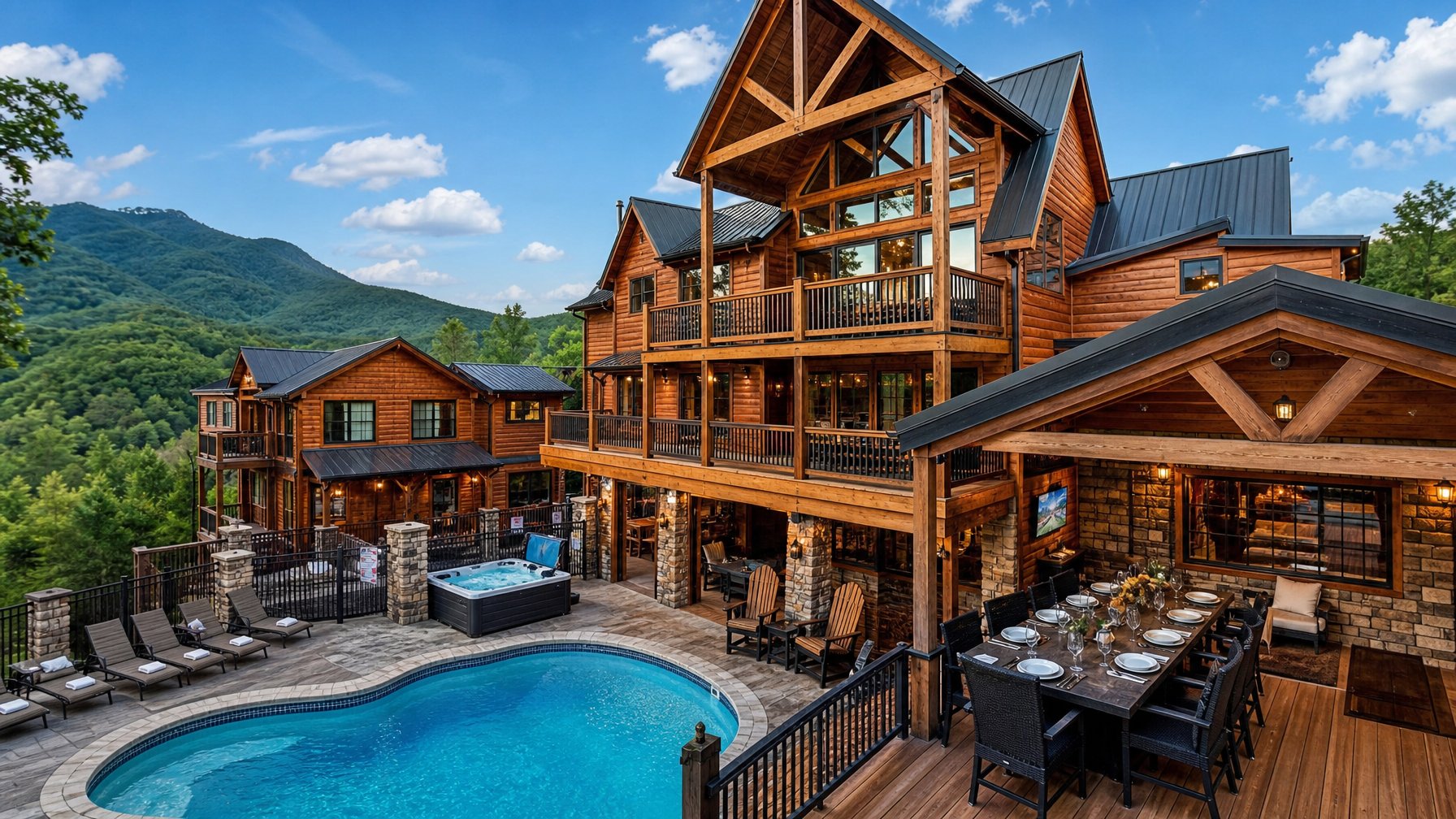 Large group vacation rental cabin in Pigeon Forge Tennessee with private outdoor pool, hot tub, and expansive multi-level deck — direct booking Smoky Mountains