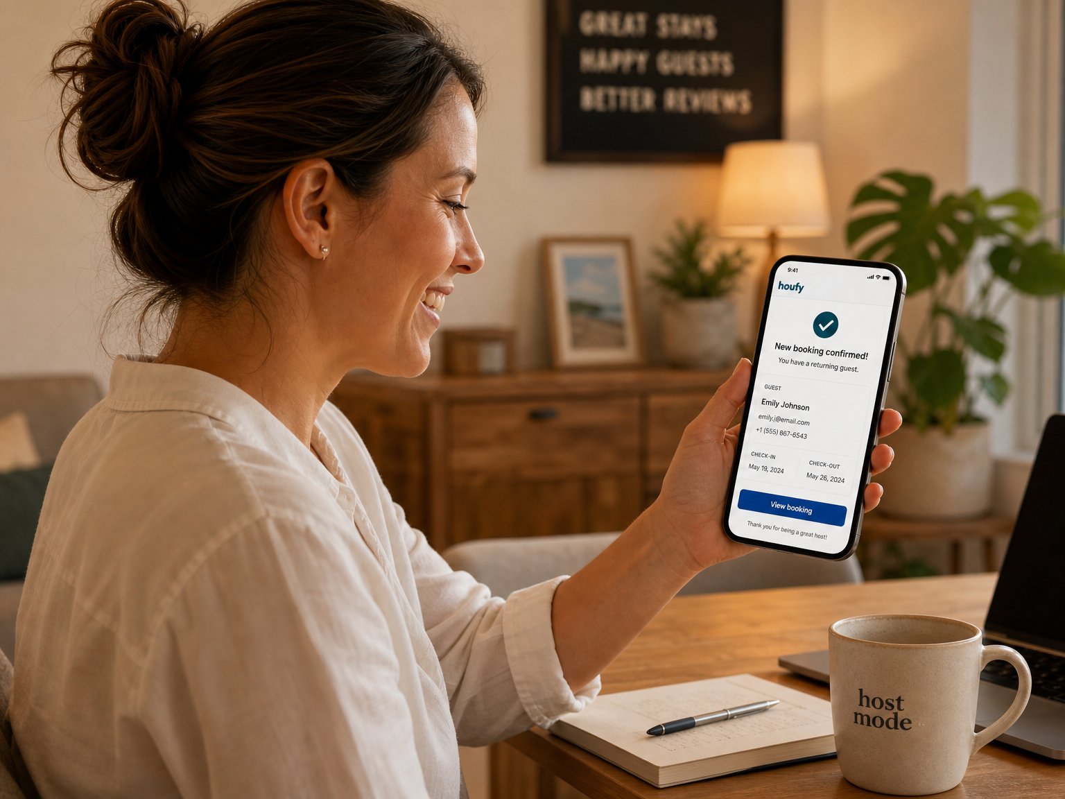 vacation rental host receiving repeat guest booking confirmation on smartphone
