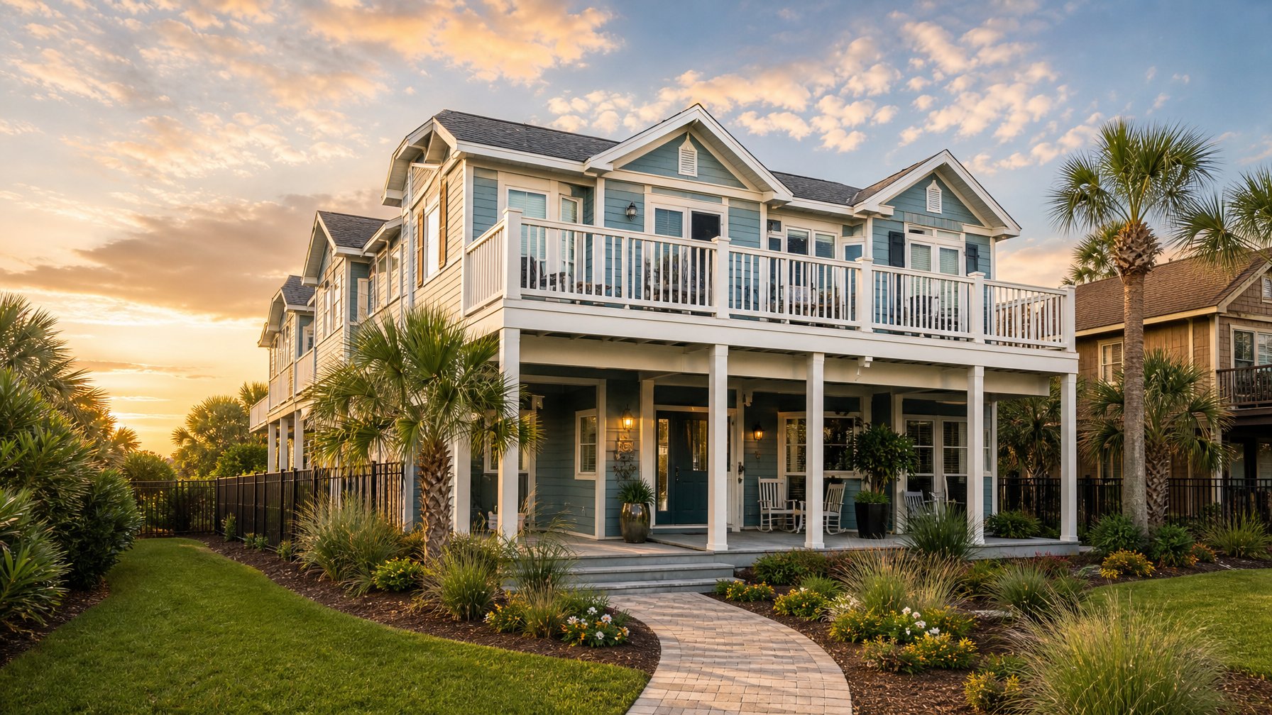 Vacation rental exterior hero shot at golden hour: full property visible from 20 meters, manicured landscaping, stone entrance path, no cars or bins in frame