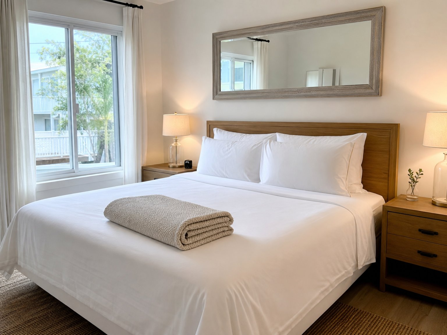 Freshly made vacation rental bedroom with crisp white linen, wooden headboard, beige throw blanket, and soft natural light — book a fee-free short-term rental on Houfy
