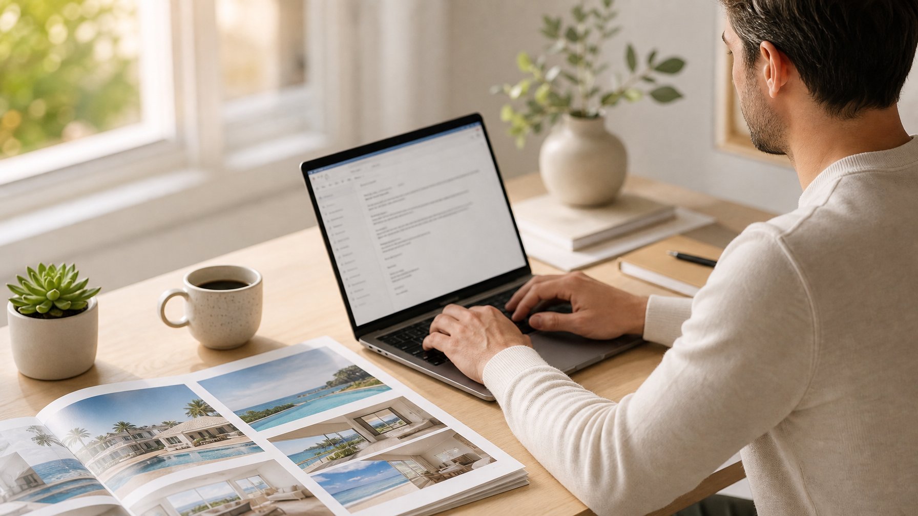 Host composing a vacation rental press pitch at a sunlit desk with a property media kit, coffee, and laptop — pitch travel journalists fee-free with a Houfy listing