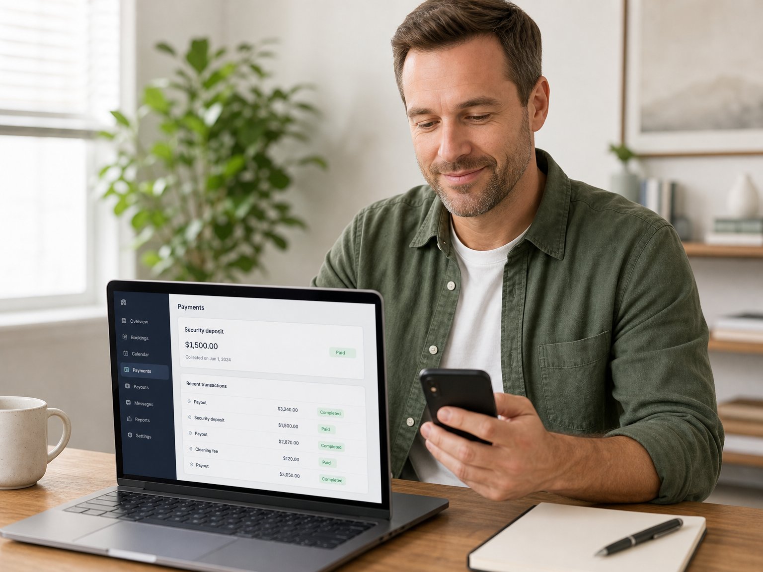 Host reviewing a security deposit dashboard on a laptop while sending a deposit refund confirmation message to a guest