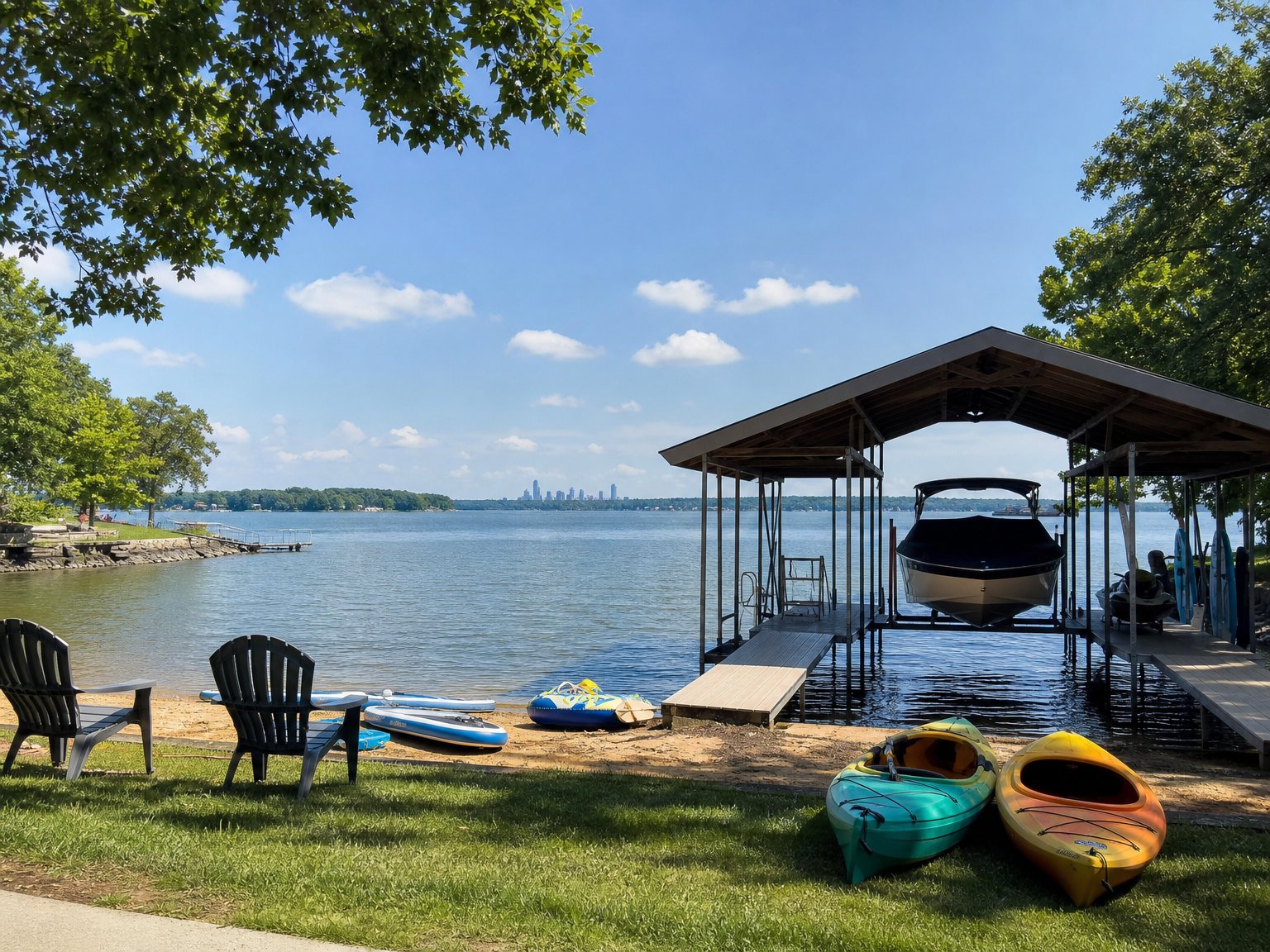 Lake Norman vacation rental with covered dock, kayaks, and the Charlotte skyline visible across the water