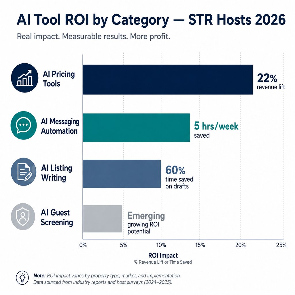 Editorial horizontal bar chart comparing ROI of four AI tool categories for vacation rental hosts — AI pricing tools with highest revenue lift in navy, messaging automation second in teal, listing writing third in slate blue, and guest screening emerging in grey — STR AI tools 2026