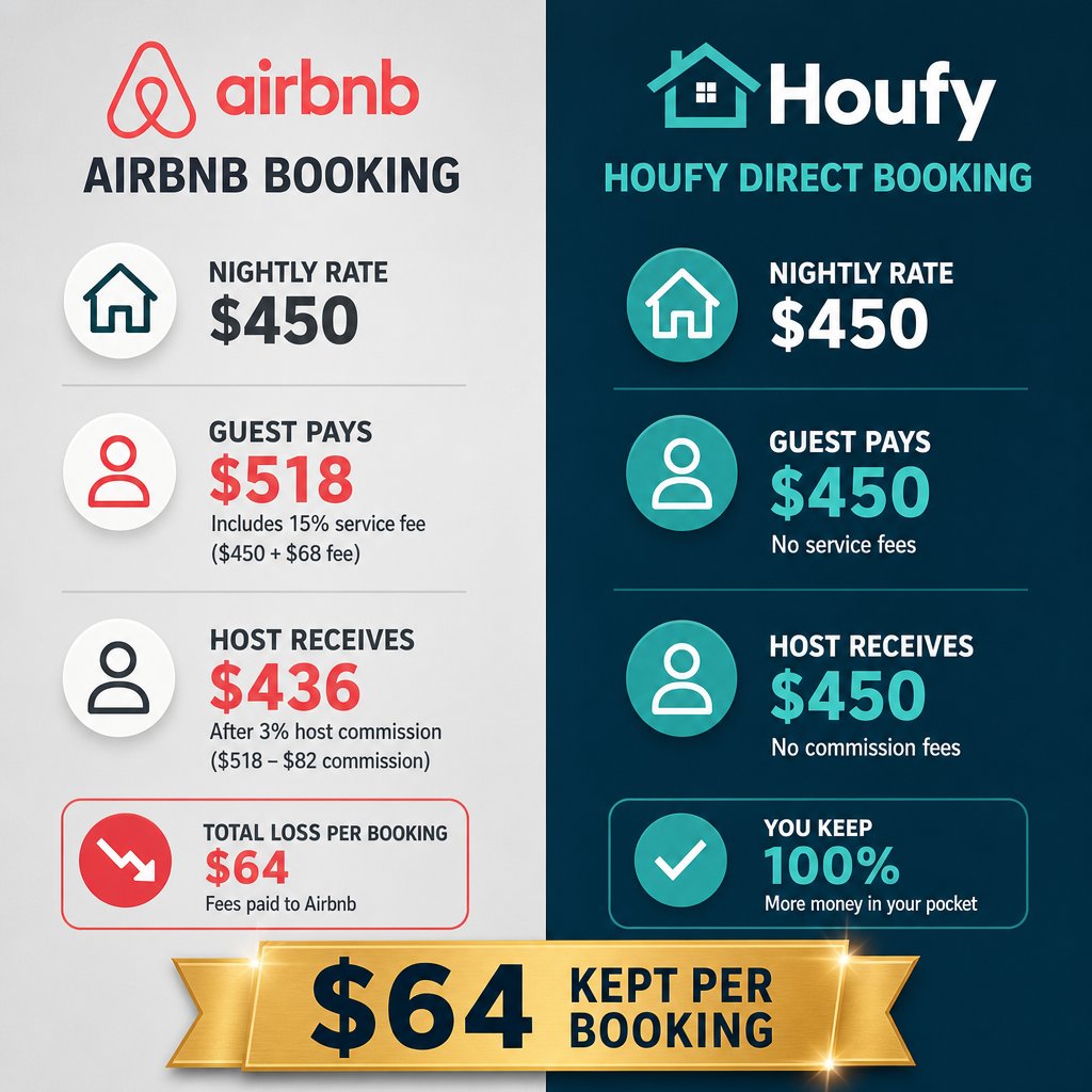 Direct booking vacation rental host comparing World Cup 2026 revenue on Houfy versus Airbnb showing commission savings at peak World Cup nightly rates