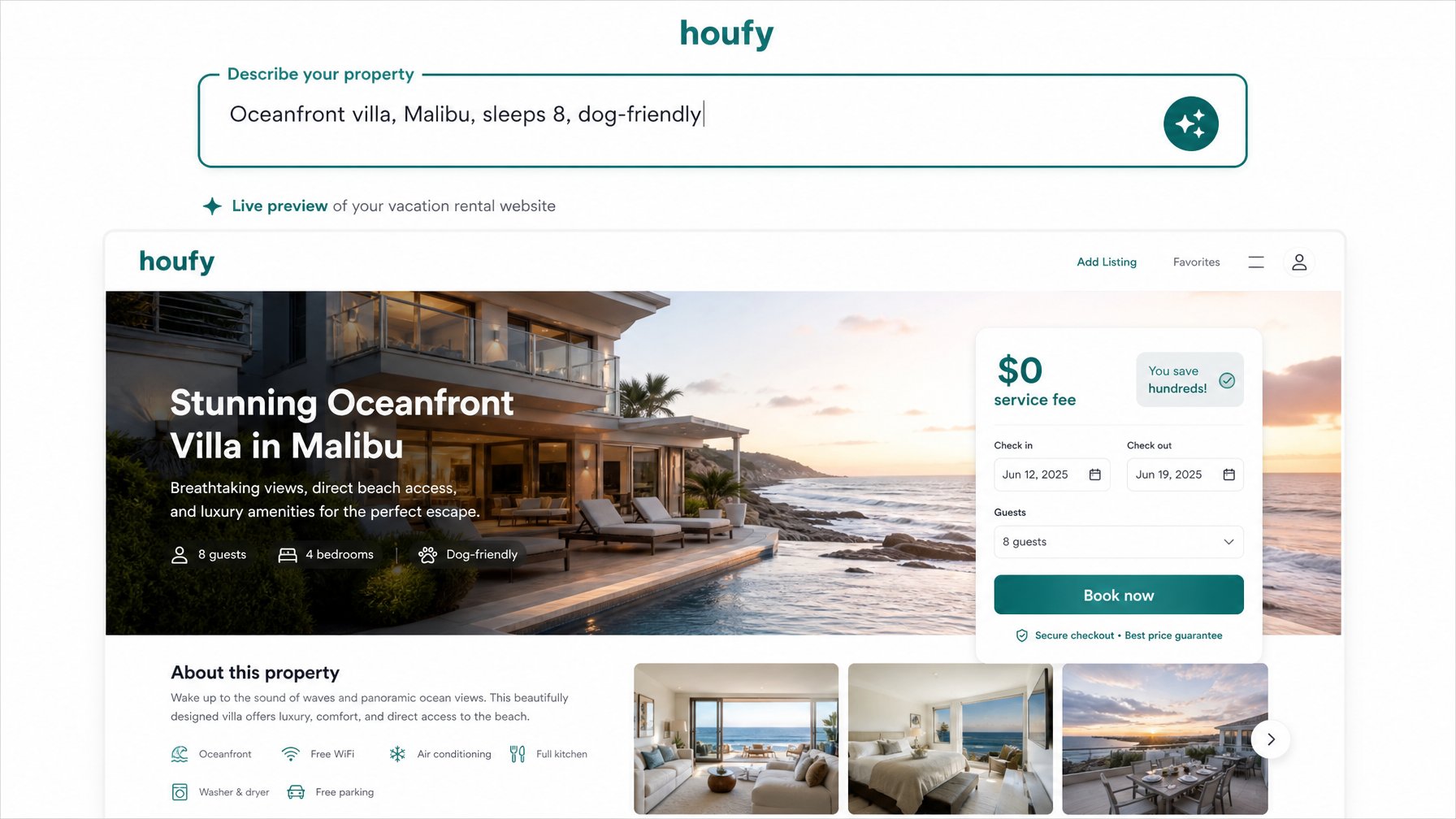 Houfy AI website builder interface showing a host typing a vacation rental property description to generate a unique direct booking website
