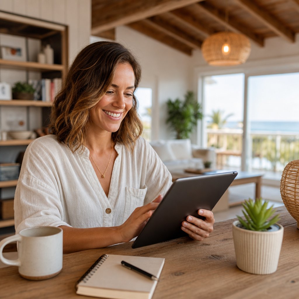 Vacation rental host reviews WiFi splash page email capture on tablet in cozy cottage interior