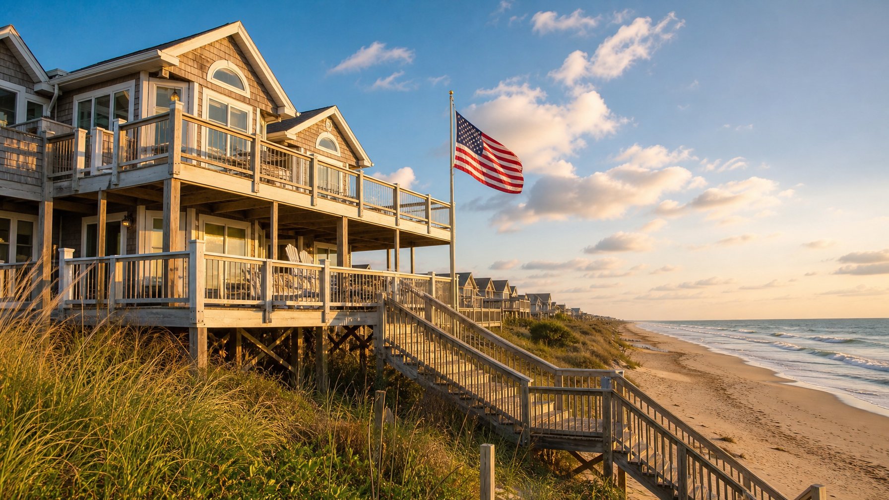 Oceanfront vacation rental at Outer Banks NC with wraparound deck, American flag, and wooden beach stairs leading to the Atlantic shoreline in golden afternoon light