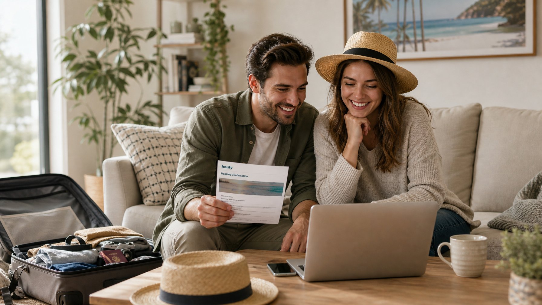 Guests reviewing their vacation rental booking confirmation on a laptop before a trip with travel bags visible in the background