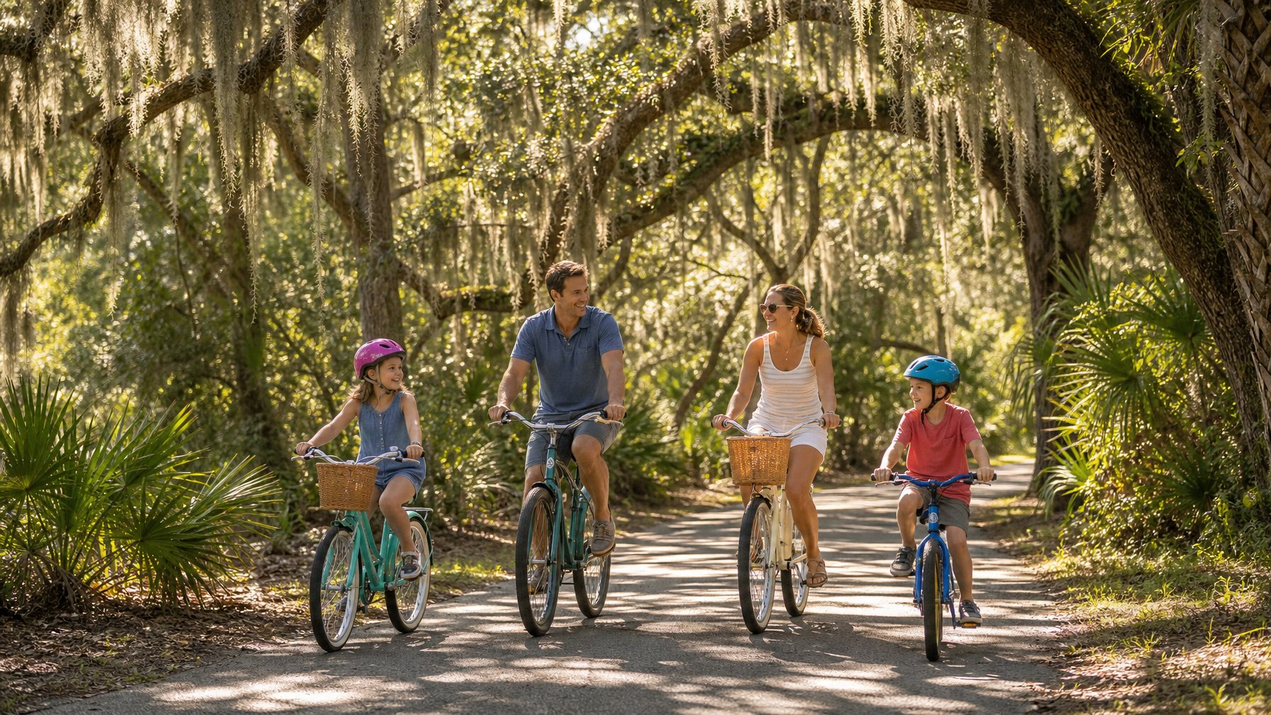 Family cycling on Hilton Head Island paved bike trail through live oak and Spanish moss maritime forest summer vacation 2026