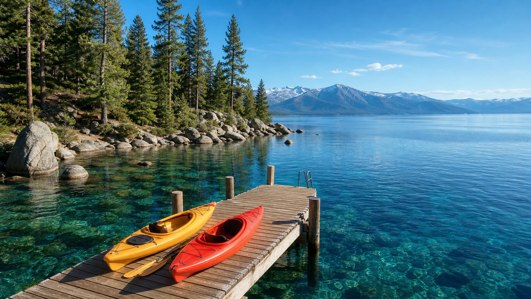 Yellow and red kayaks on a wooden dock over crystal-clear Lake Tahoe water, granite boulders and pine forest on the shoreline, snow-capped Sierra Nevada peaks in the distance — book a fee-free Lake Tahoe vacation rental on Houfy