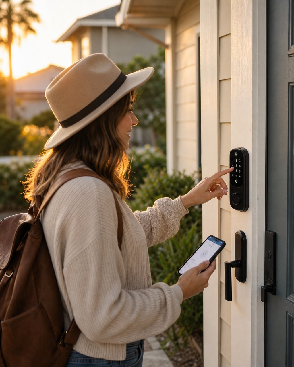 Guest arriving at vacation rental front door and entering code into smart lock keypad — keyless check-in for vacation rental guests using smart lock technology