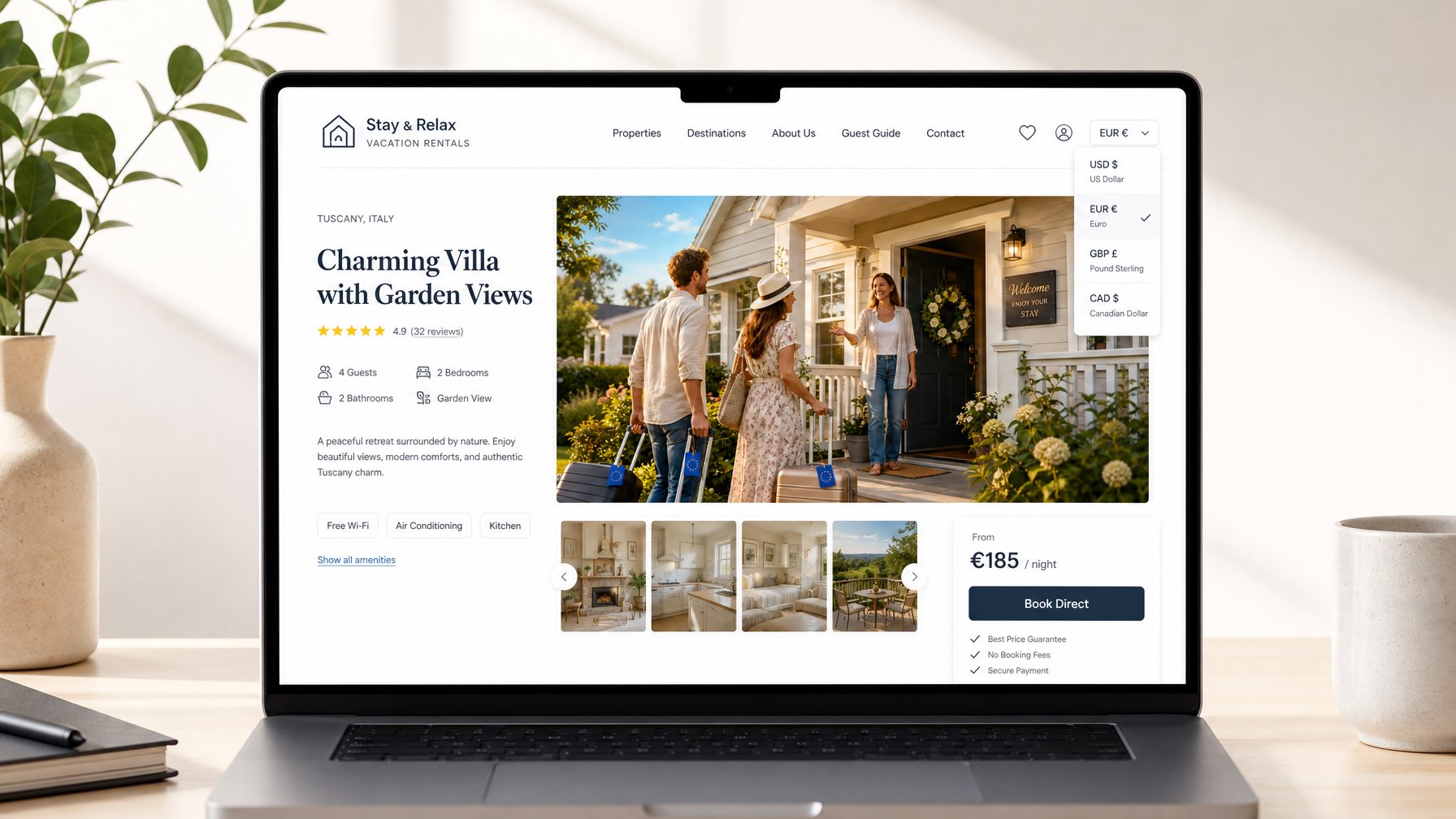 Houfy automatically converts your USD nightly rate to the guest's local currency at checkout — no setup required from the host.