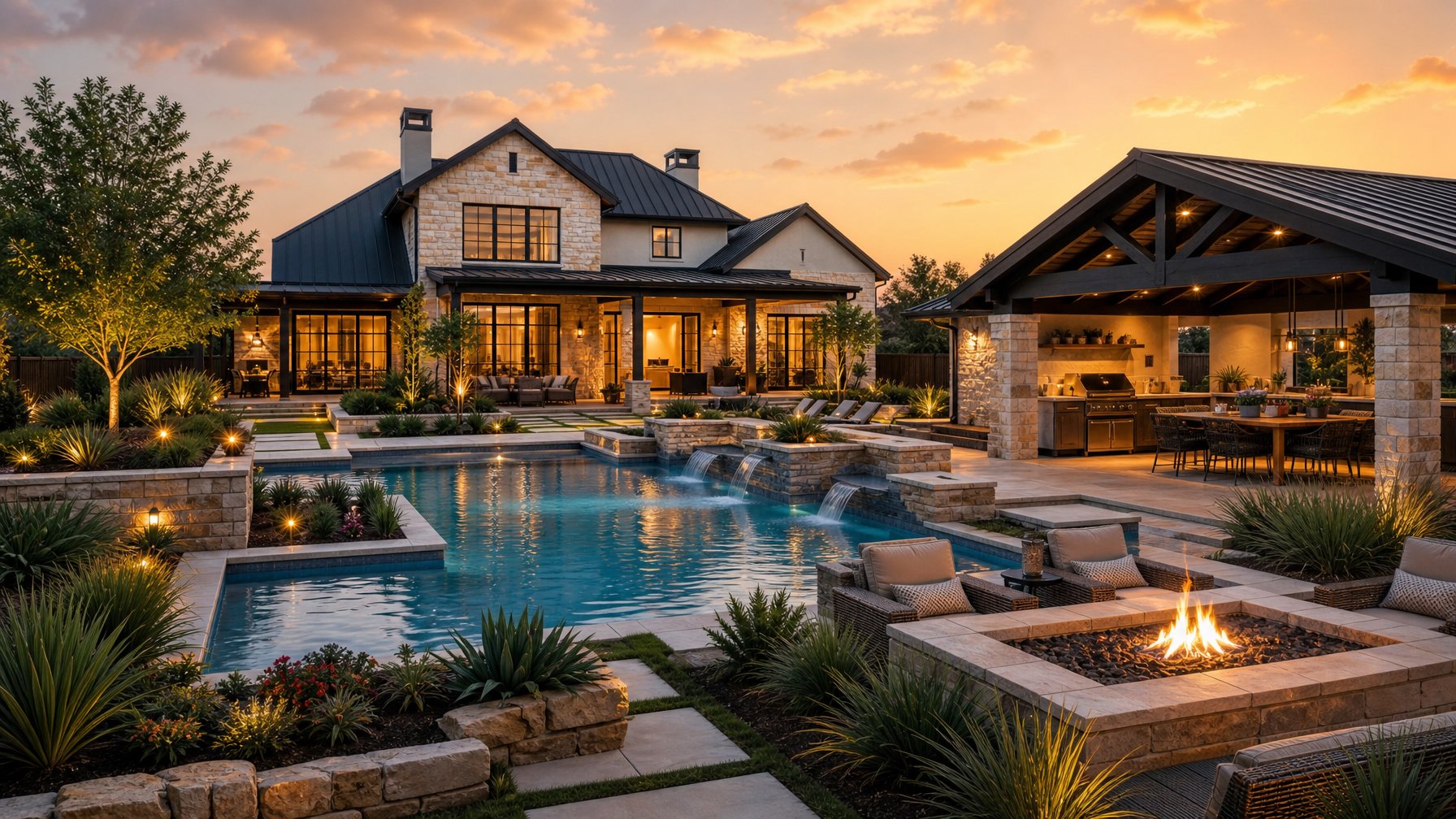 Luxury Dallas-Fort Worth Texas vacation rental with resort-style pool, covered outdoor kitchen, and entertaining area at golden hour