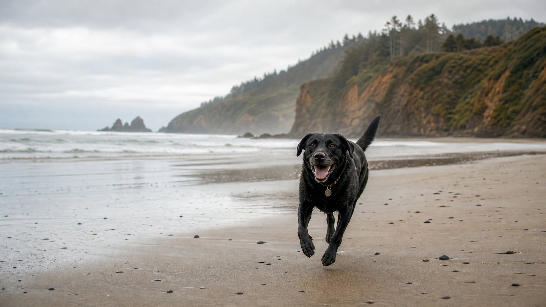 Black Labrador running freely on a dog-friendly Oregon Coast beach with dramatic coastal cliffs and wide open shoreline in the background