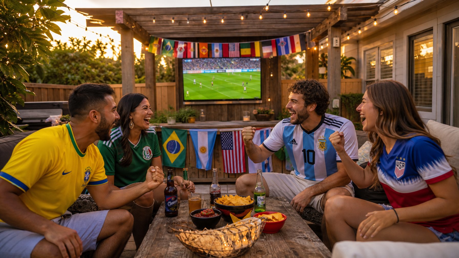 Fan group in national team jerseys at Dallas vacation rental backyard patio watching World Cup Round of 32 on outdoor TV with flags and drinks — STR host city lifestyle image