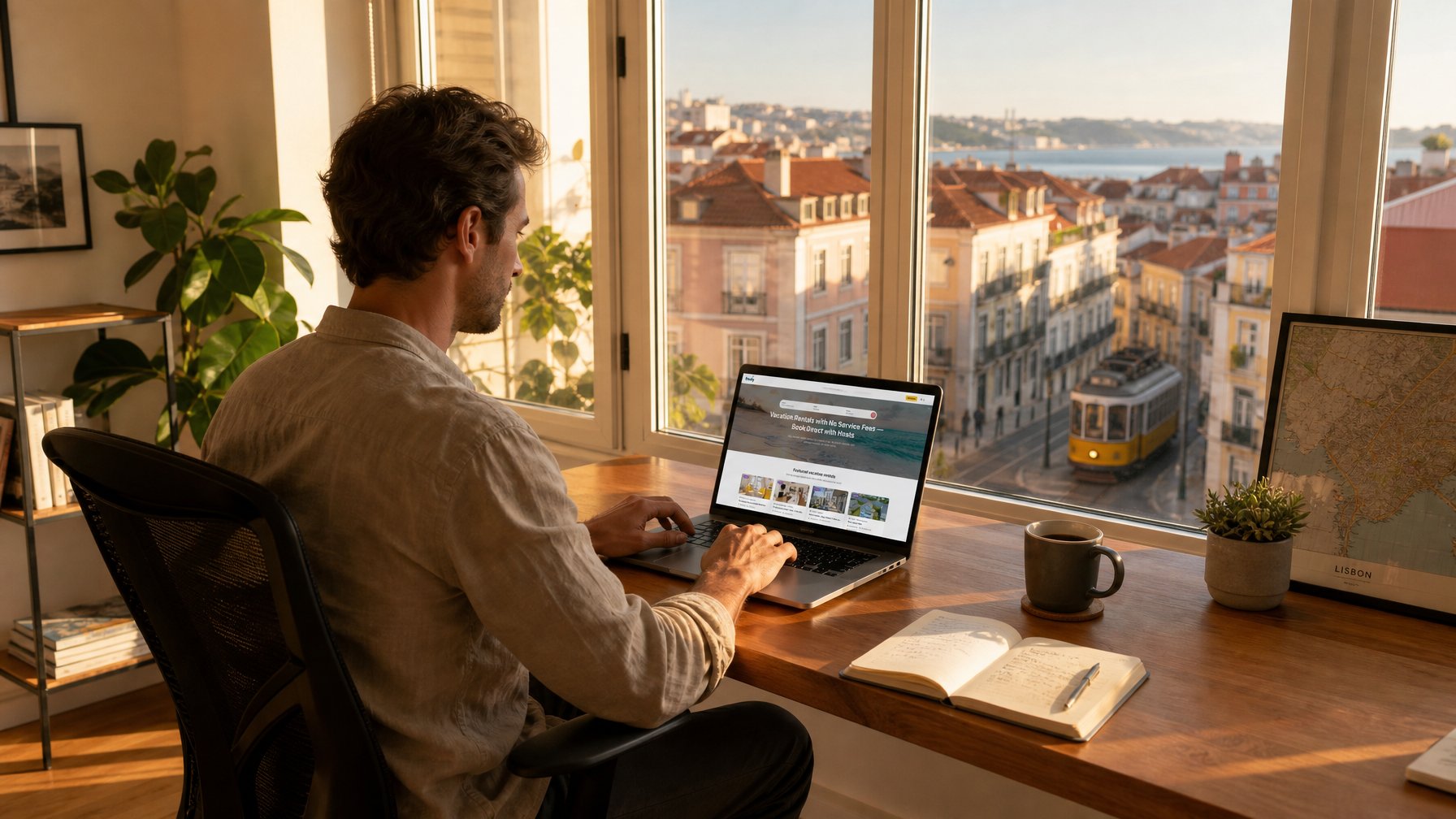 Digital nomad working at a desk in a vacation rental apartment in Lisbon, Portugal with large windows and warm afternoon light overlooking terracotta rooftops