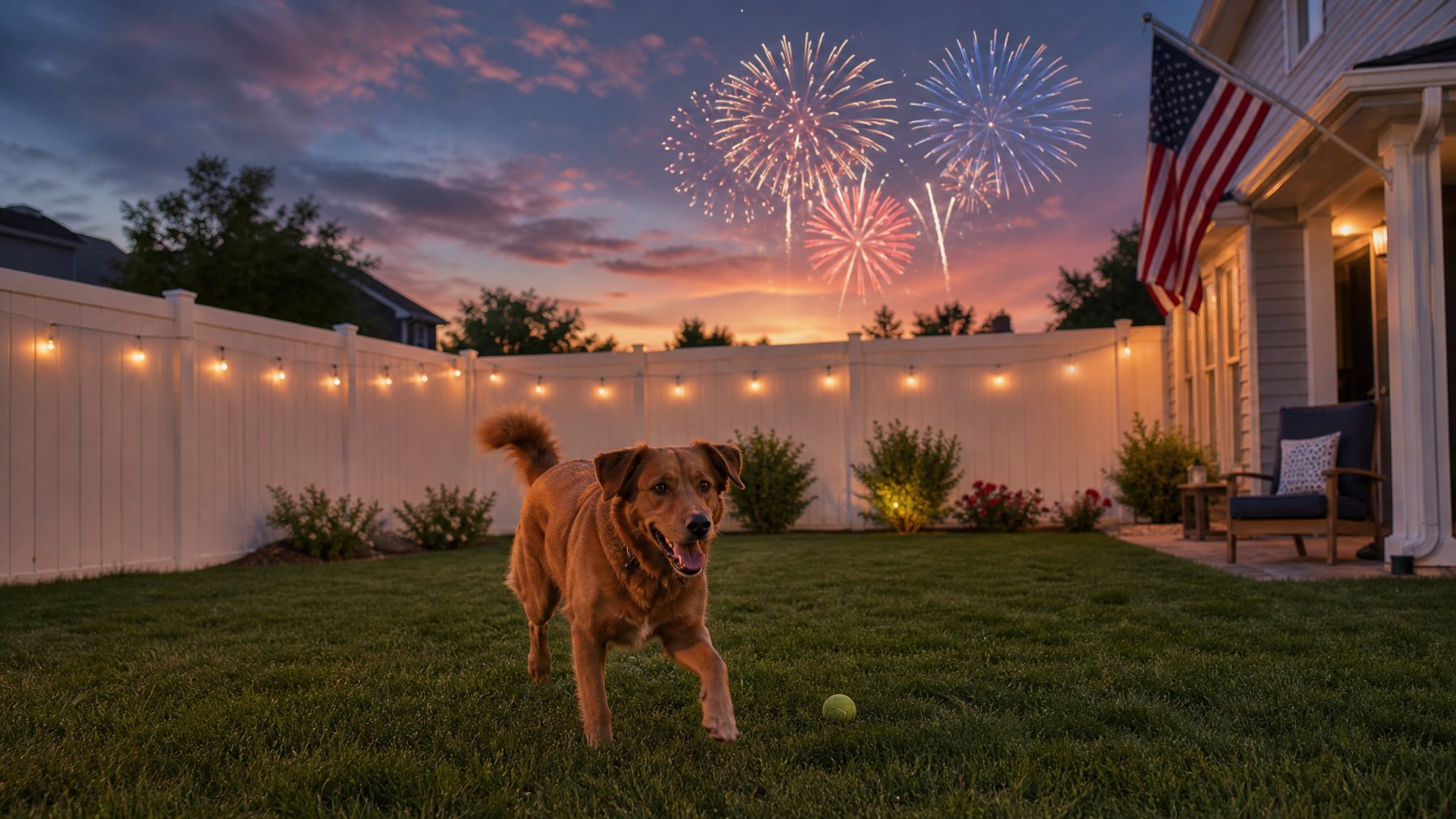 Dog safely contained inside a fully fenced vacation rental yard at dusk with colorful 4th of July fireworks bursting above the fence line